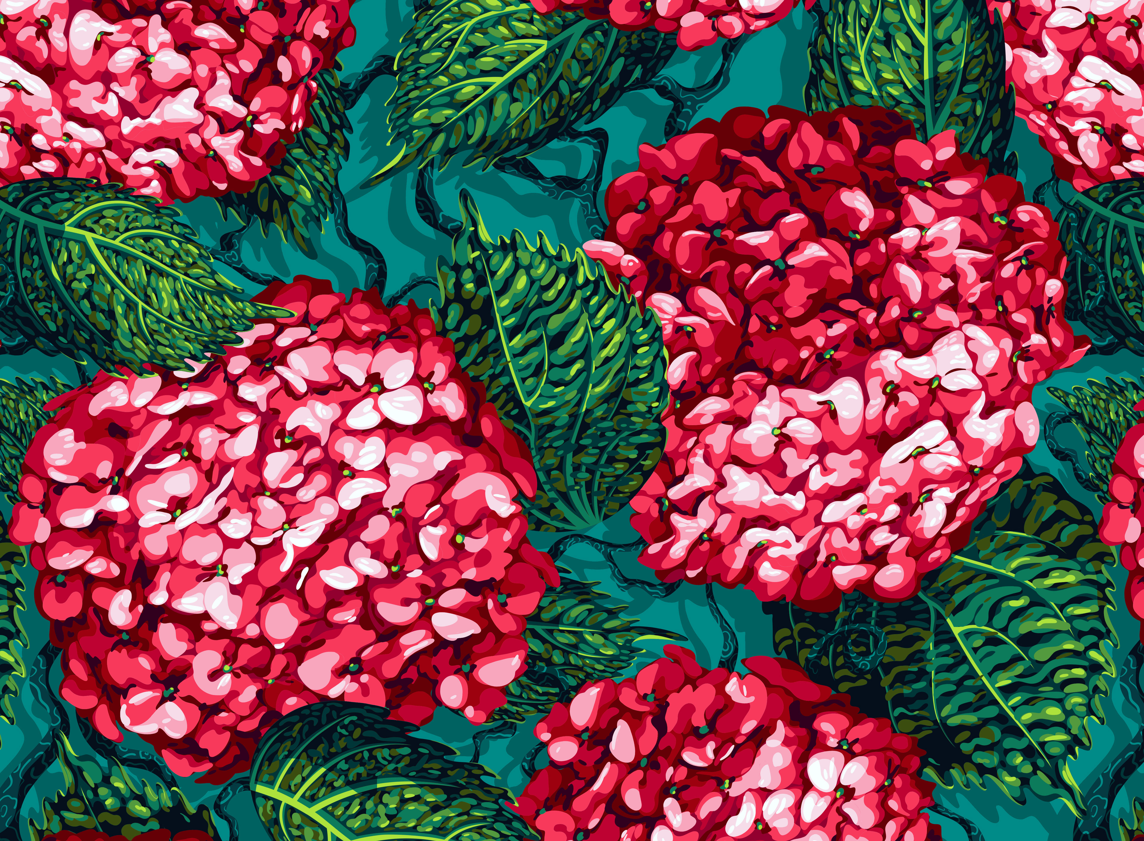 A pattern showing vibrant red painted hydrangeas against a turquoise background.