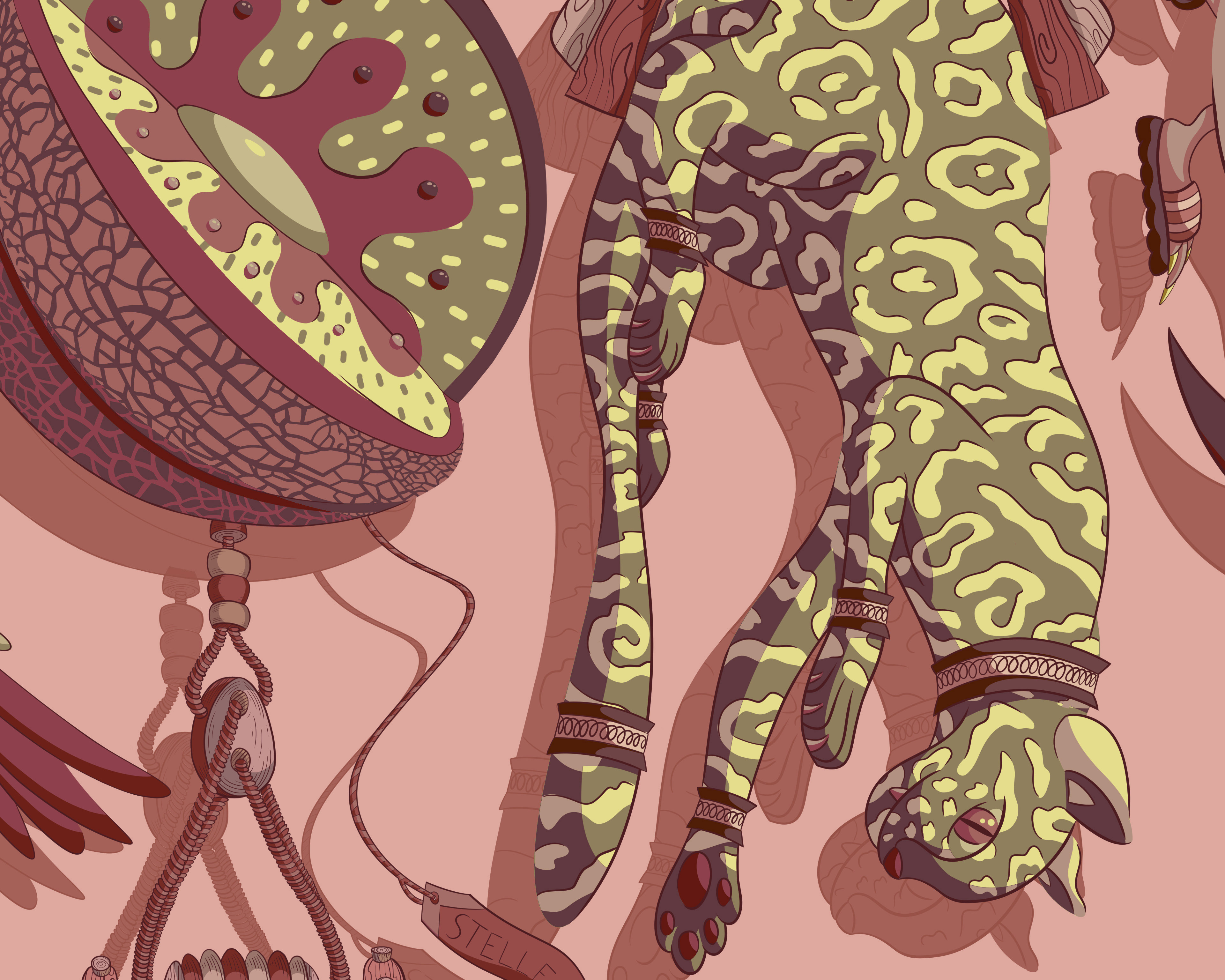 Digital illustration of a brown and yellow cheetah hanging upside down next to a floating melon.