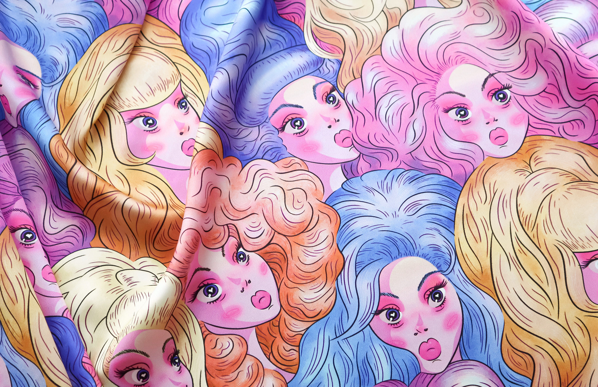 An illustrated pattern printed onto silk featuring drag queen Trixie Mattel.