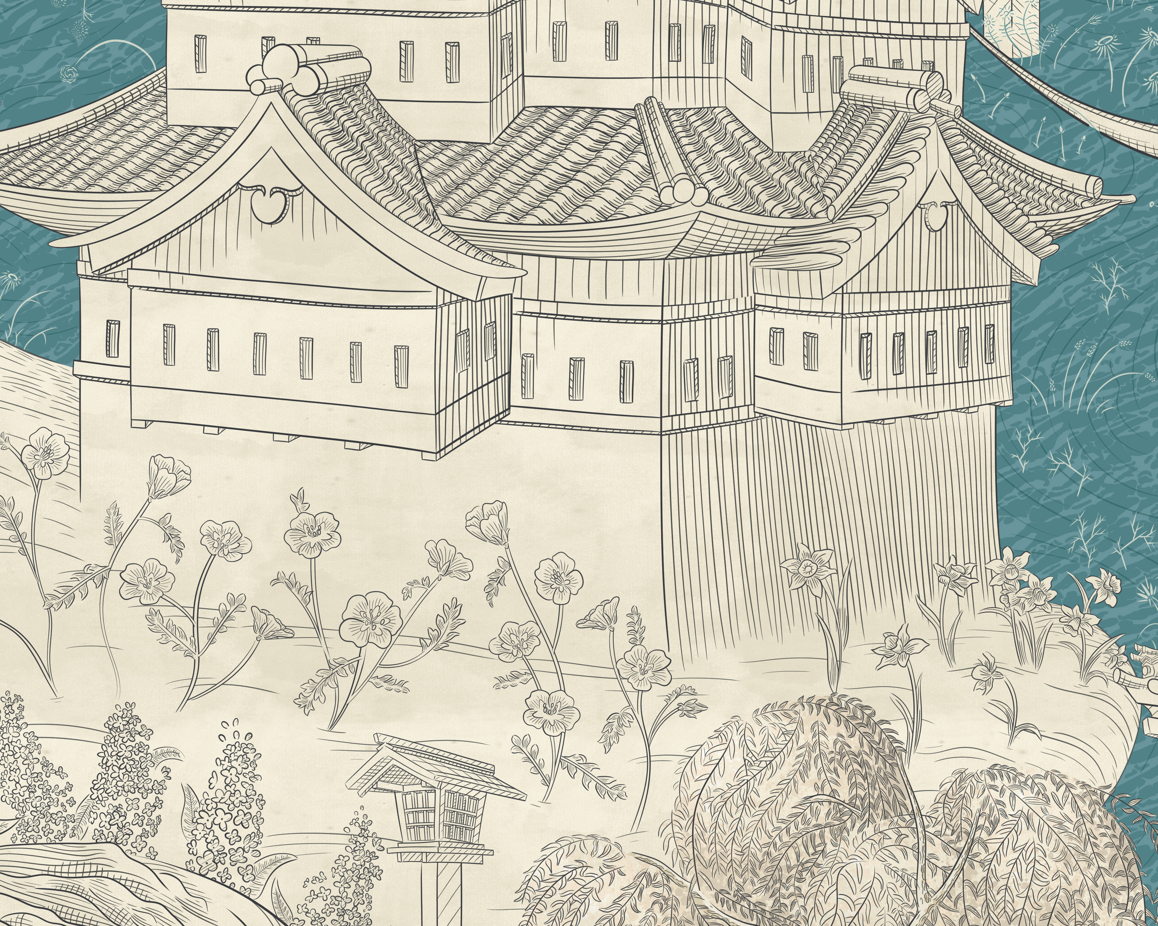 Tea-stained illustration depicting the base of a large Japanese castle surrounded by Spring flowers.