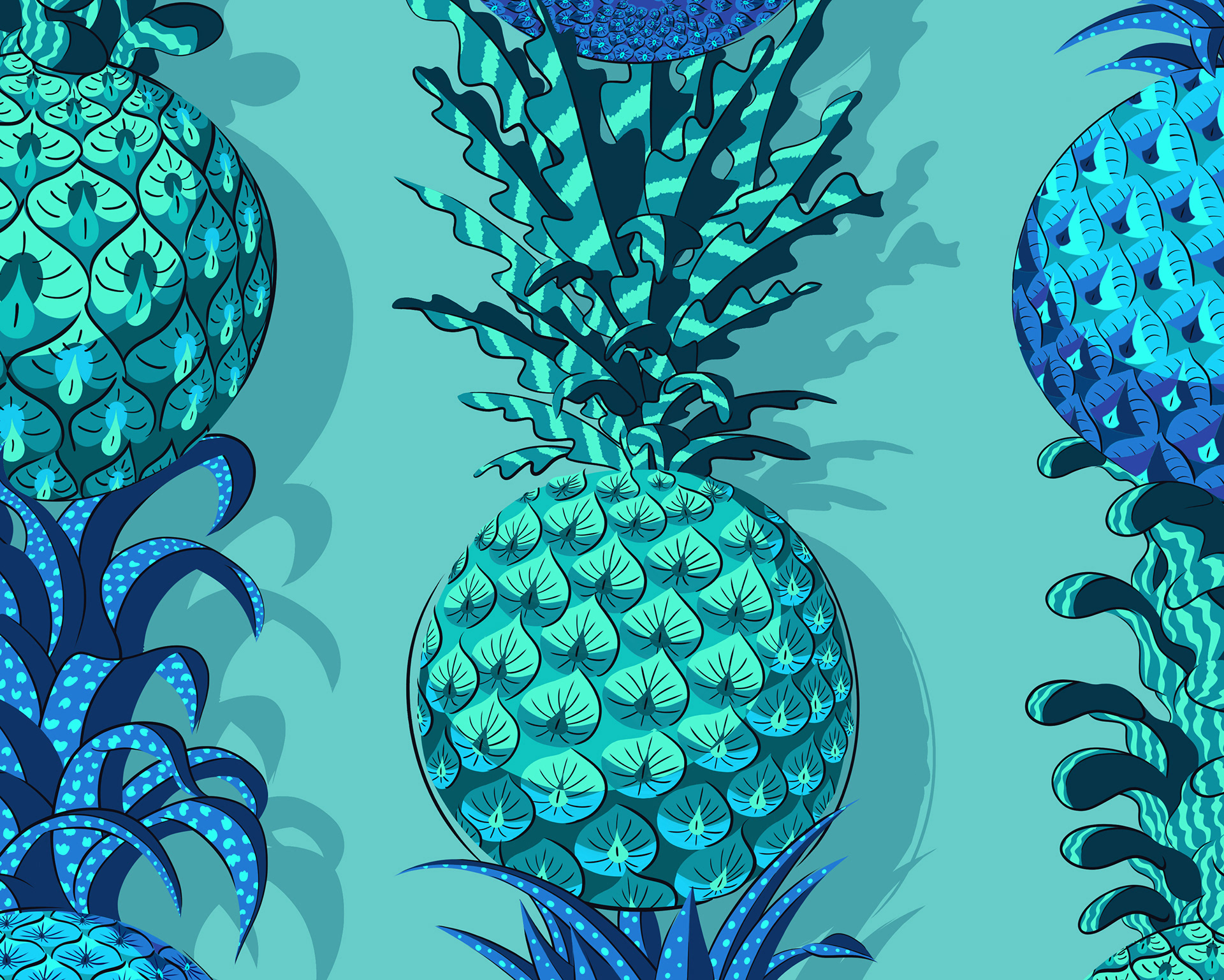Digital illustration of blue coloured pineapples as part of a repeating pattern.
