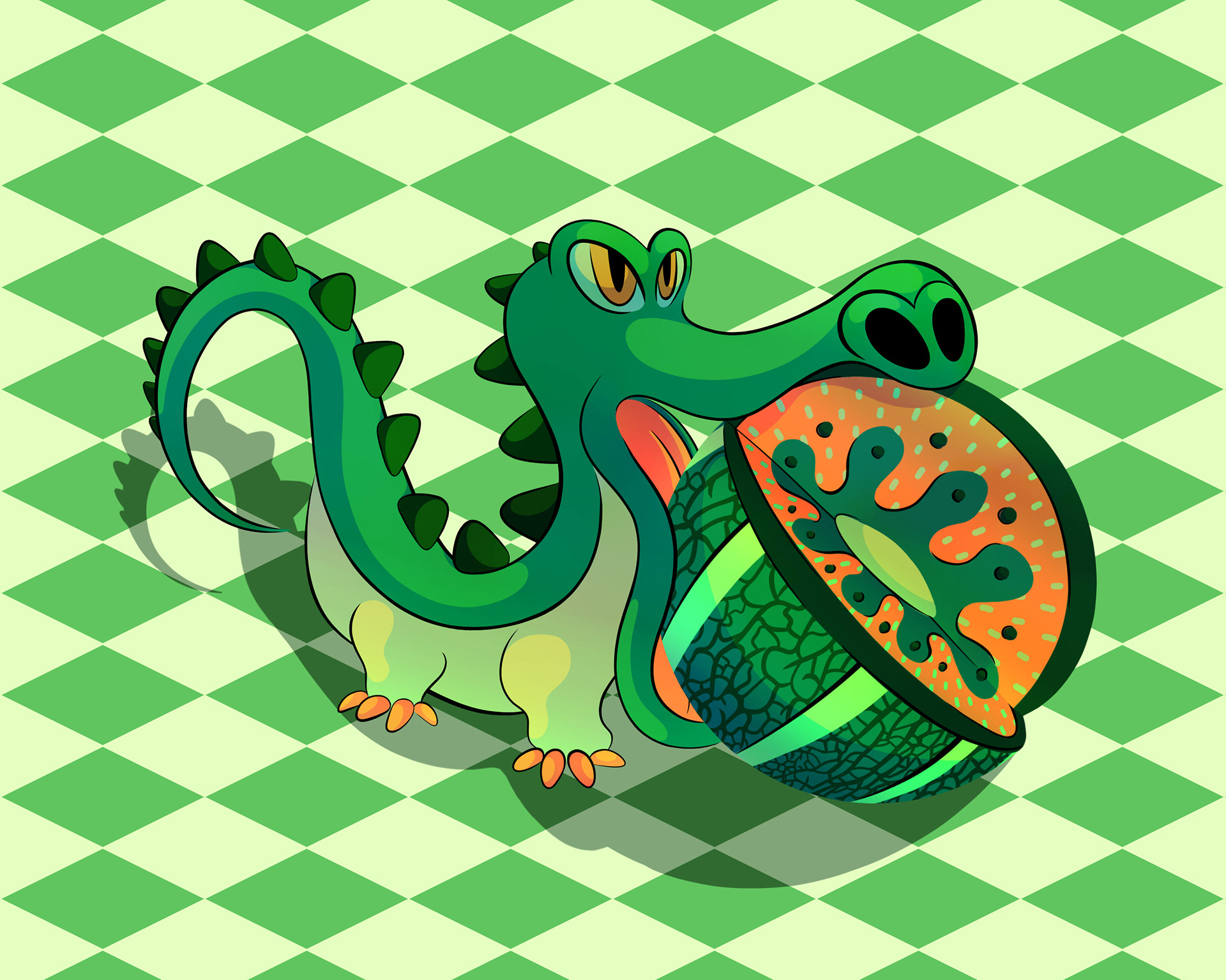 Illustration of a cool green crocodile with a huge melon wedged in its open mouth.