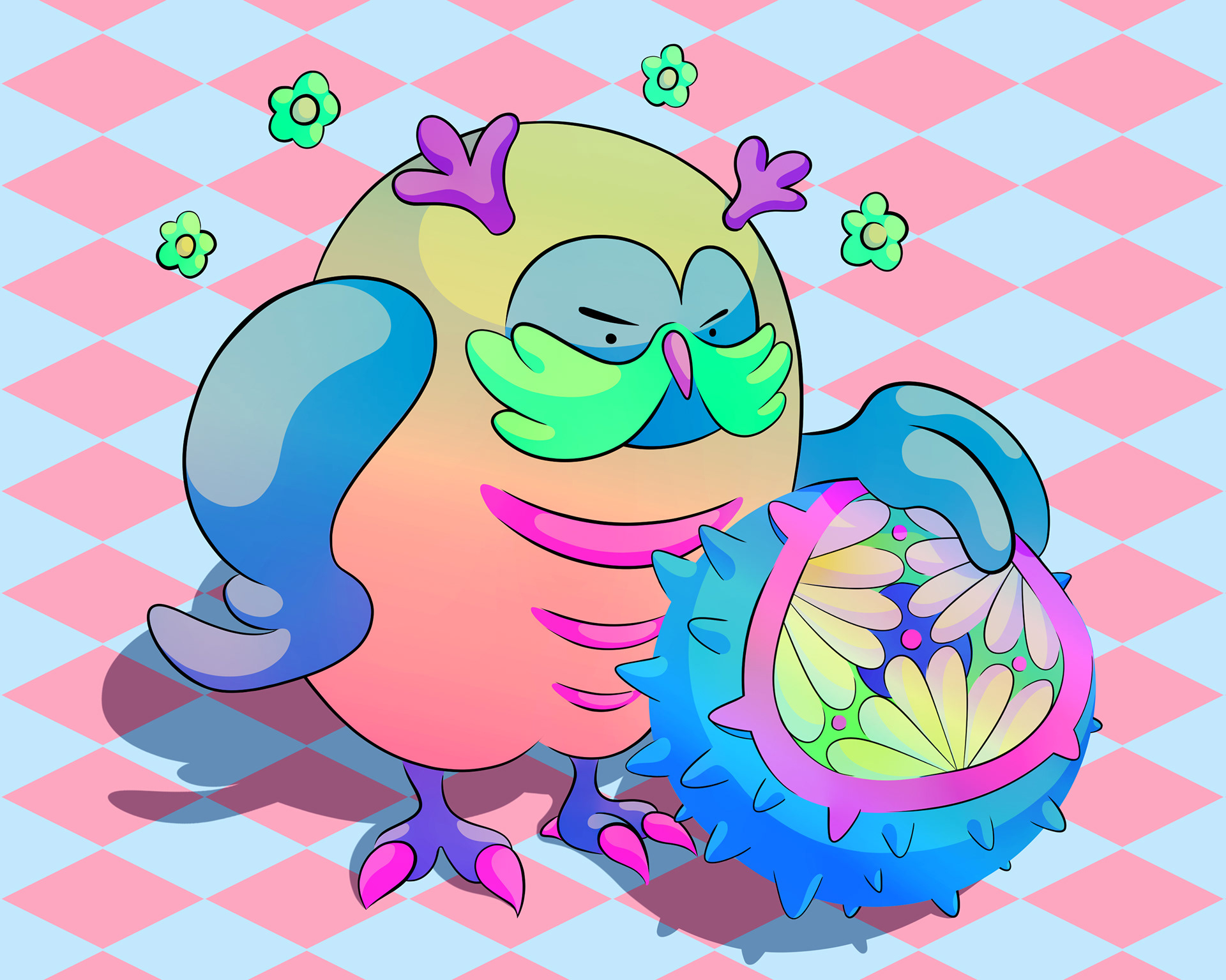 Illustration of an handsome and proud owl posing while it leans against spiky fruit in neon colours.
