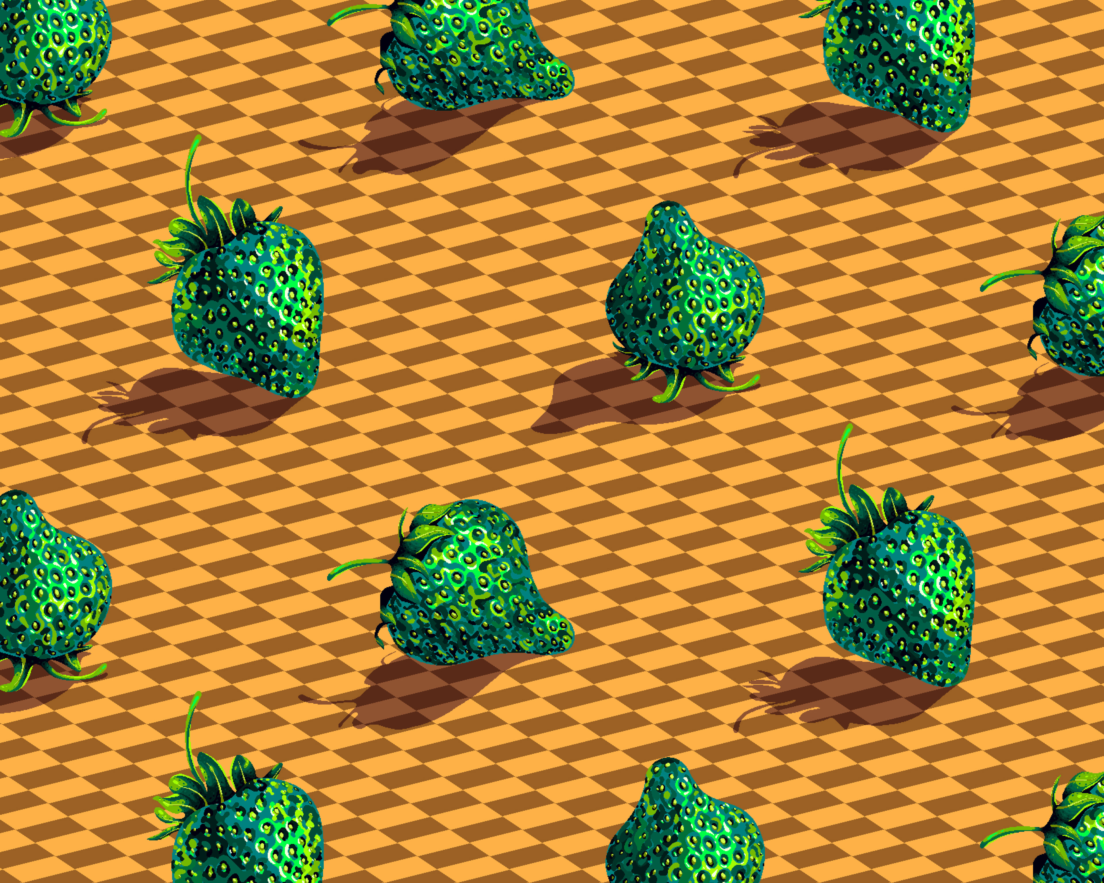 Pixel art pattern of poisonous green strawberries on top of a yellow and brown checkerboard.