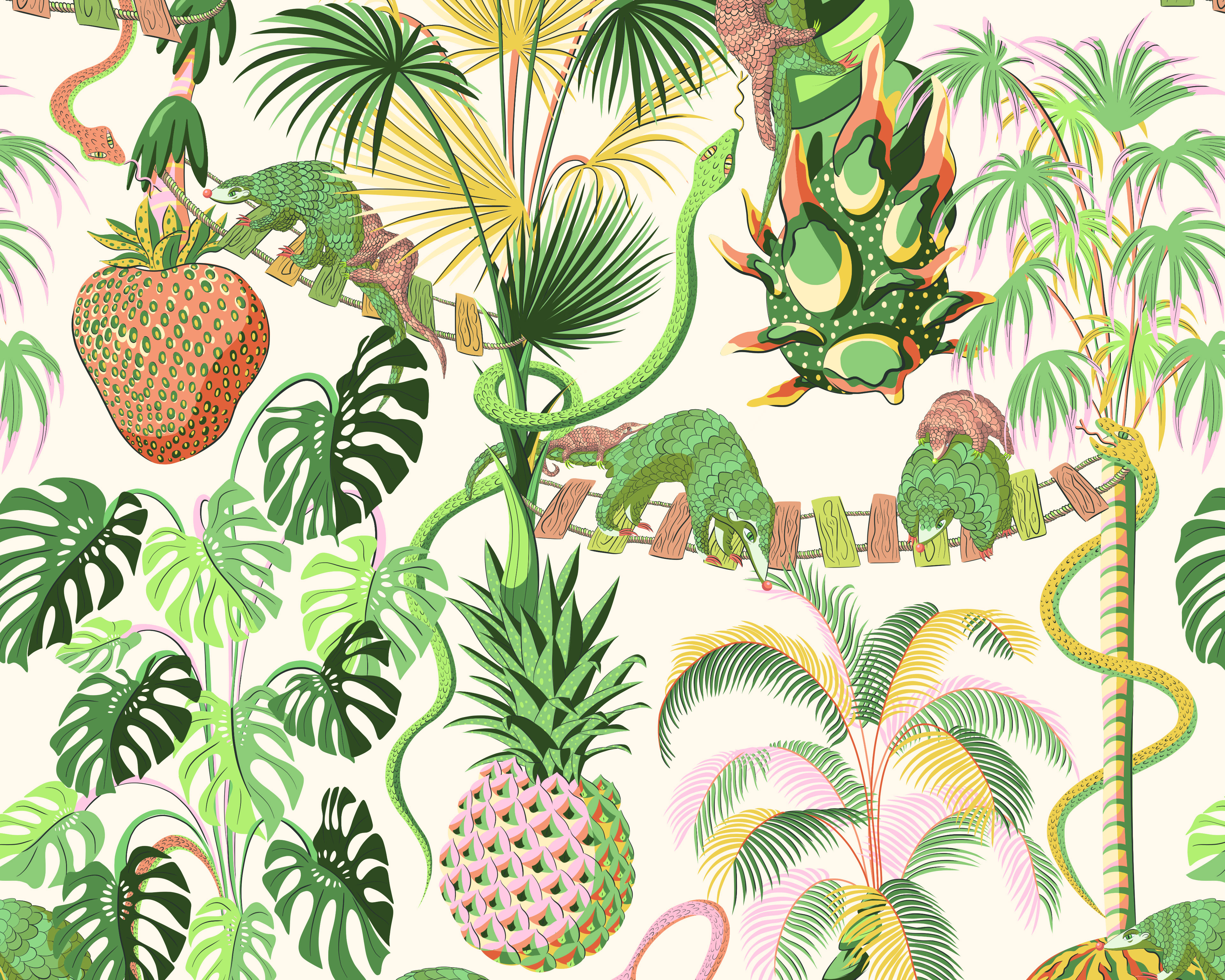 Illustration of an off-white wallpaper showing a jungle filled with green snakes and pangolins.
