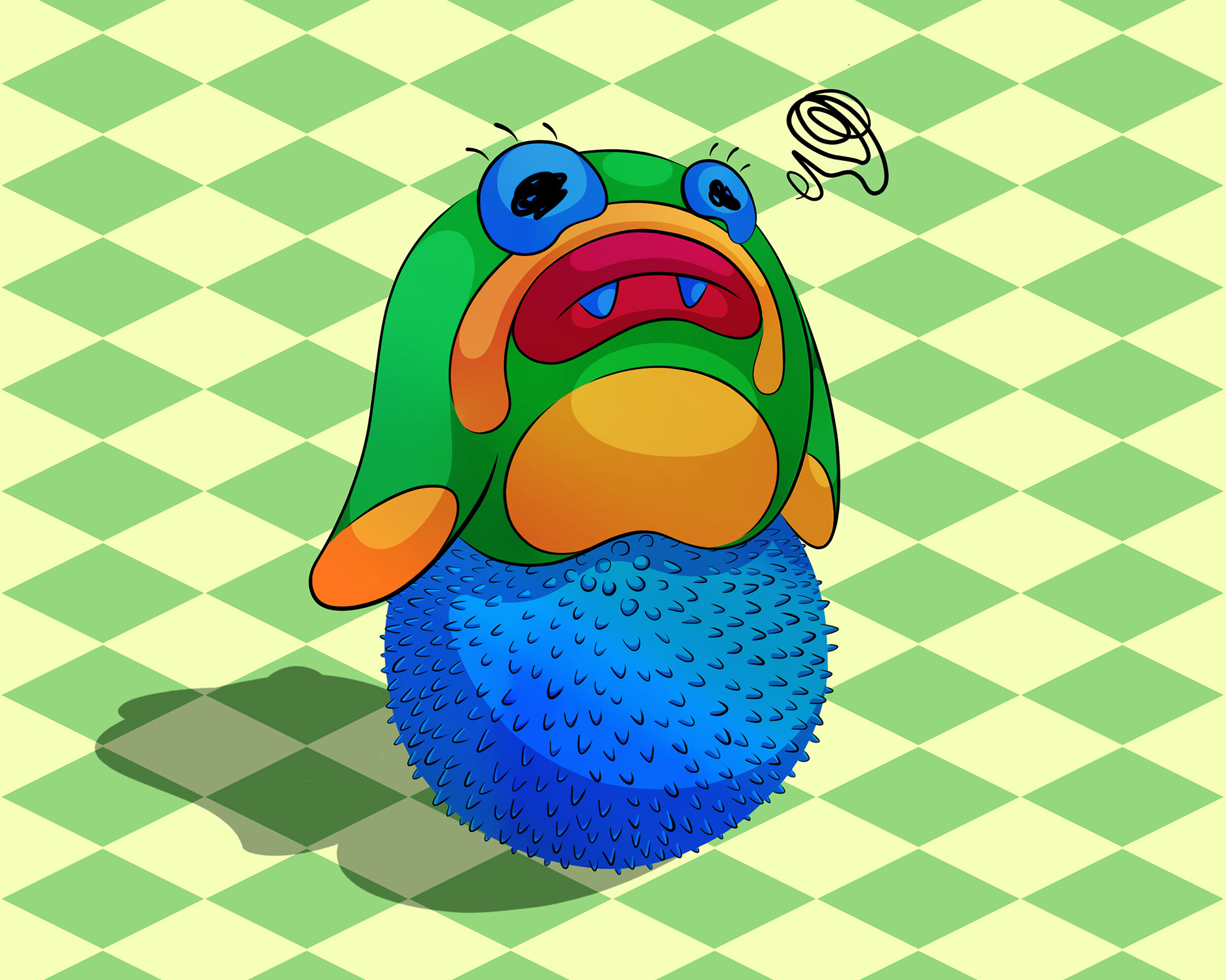 Illustration of a very sad and dejected blob fish feeling sorry for itself on top of a durian.