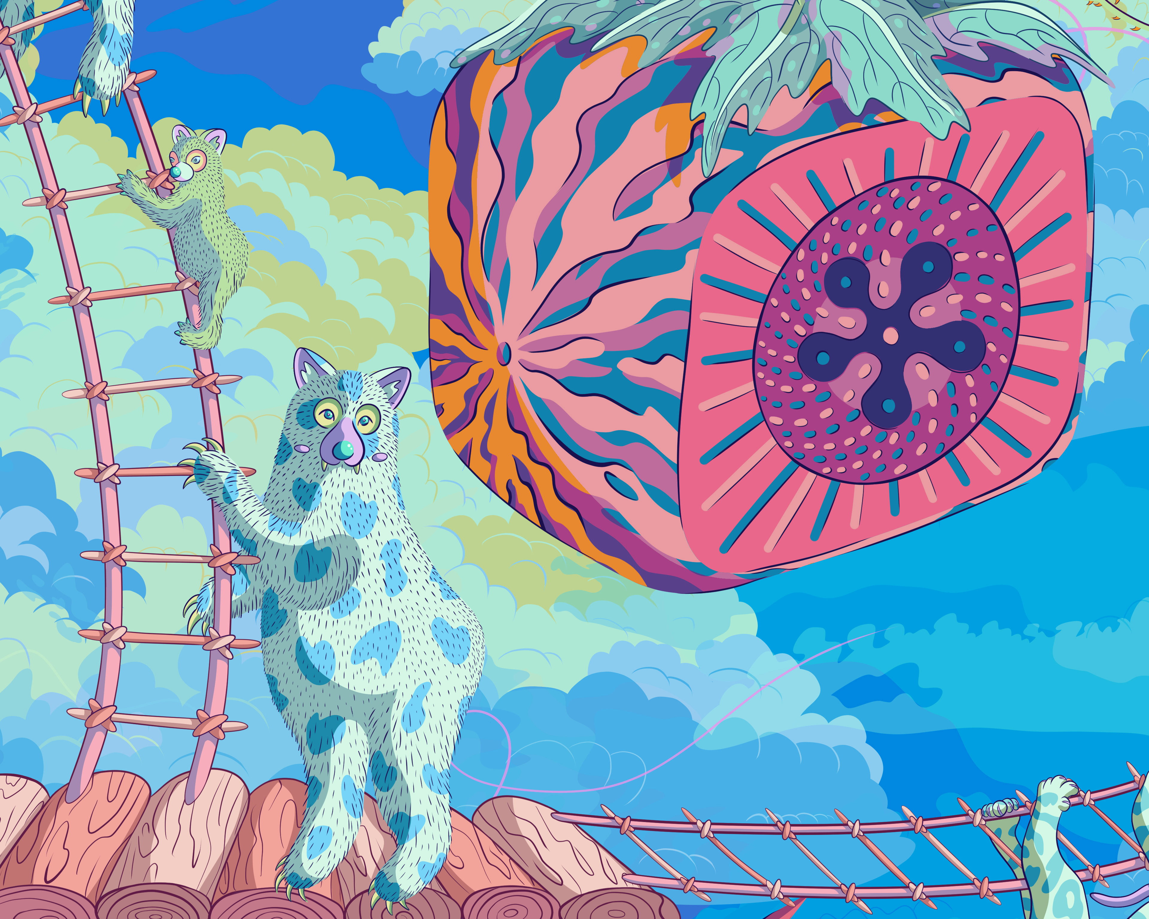 Digital drawing of a bear holding a ladder u for her cubs to climb up, next to a giant square melon.