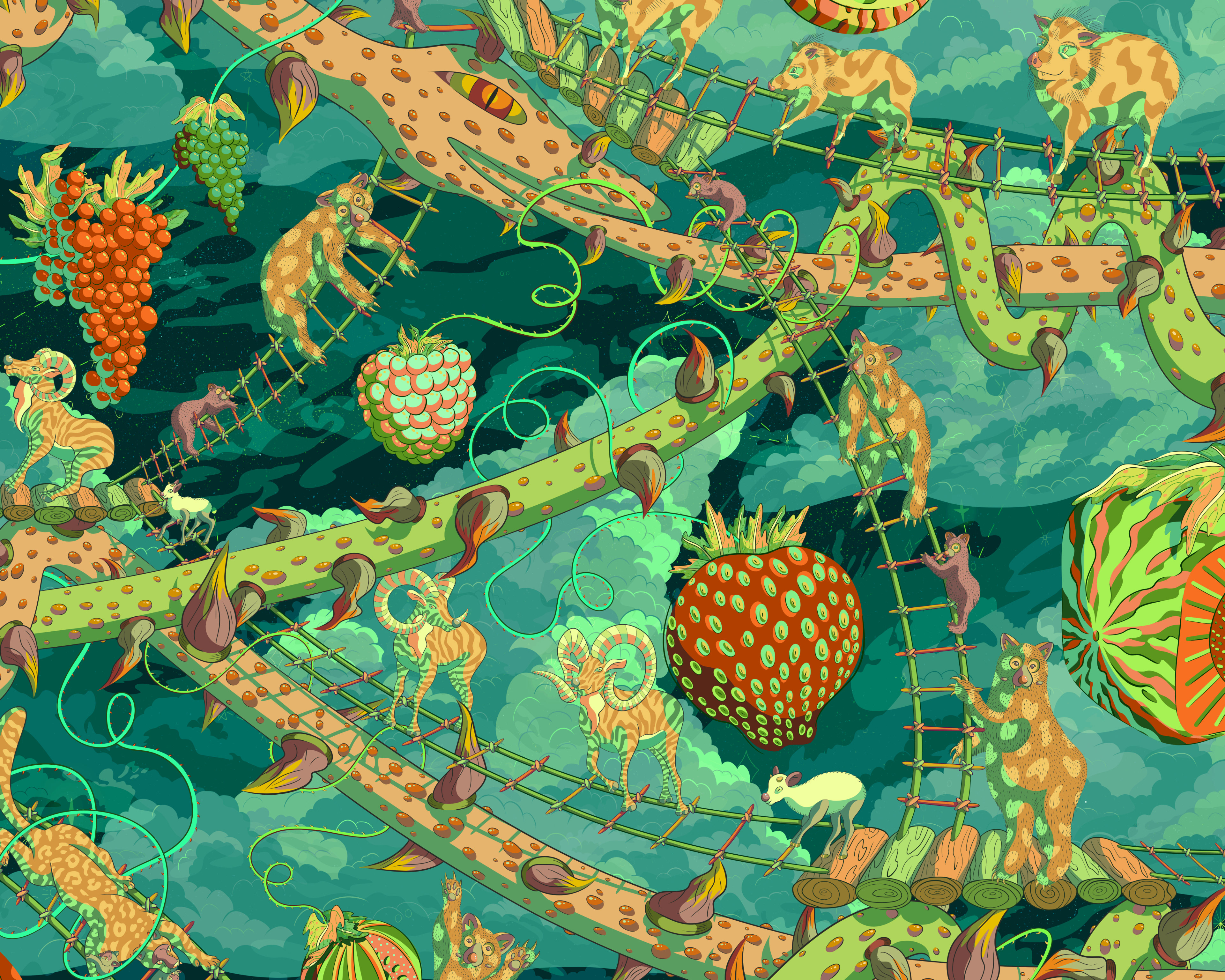 Repeat pattern depicting a green sky kingdom tied together by giant snakes and many ladders.