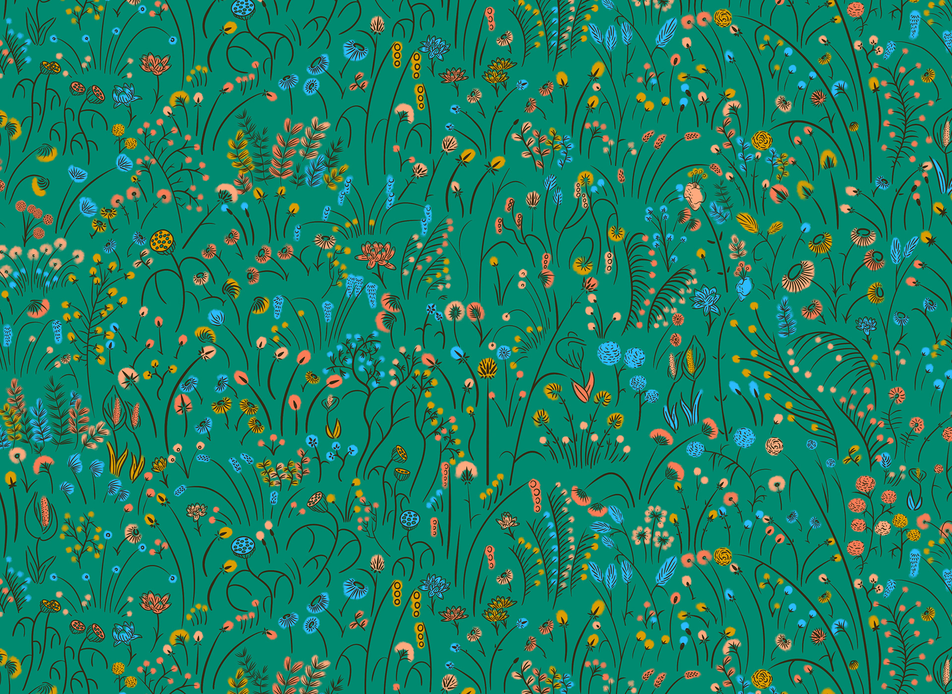 Pattern of a dainty flower meadow in pastel cottage colours.