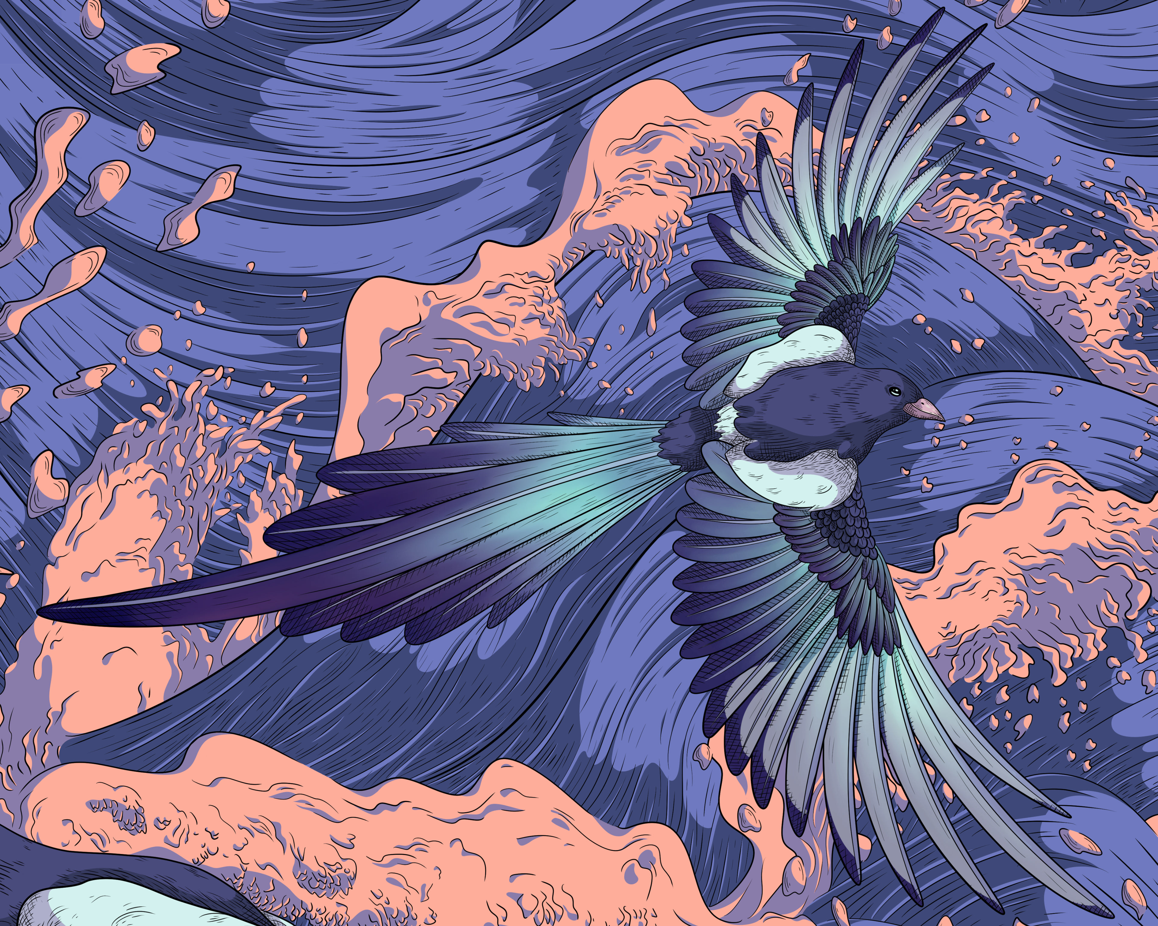 Digital drawing of a blue finely detailed magpie gliding above a cresting wave.