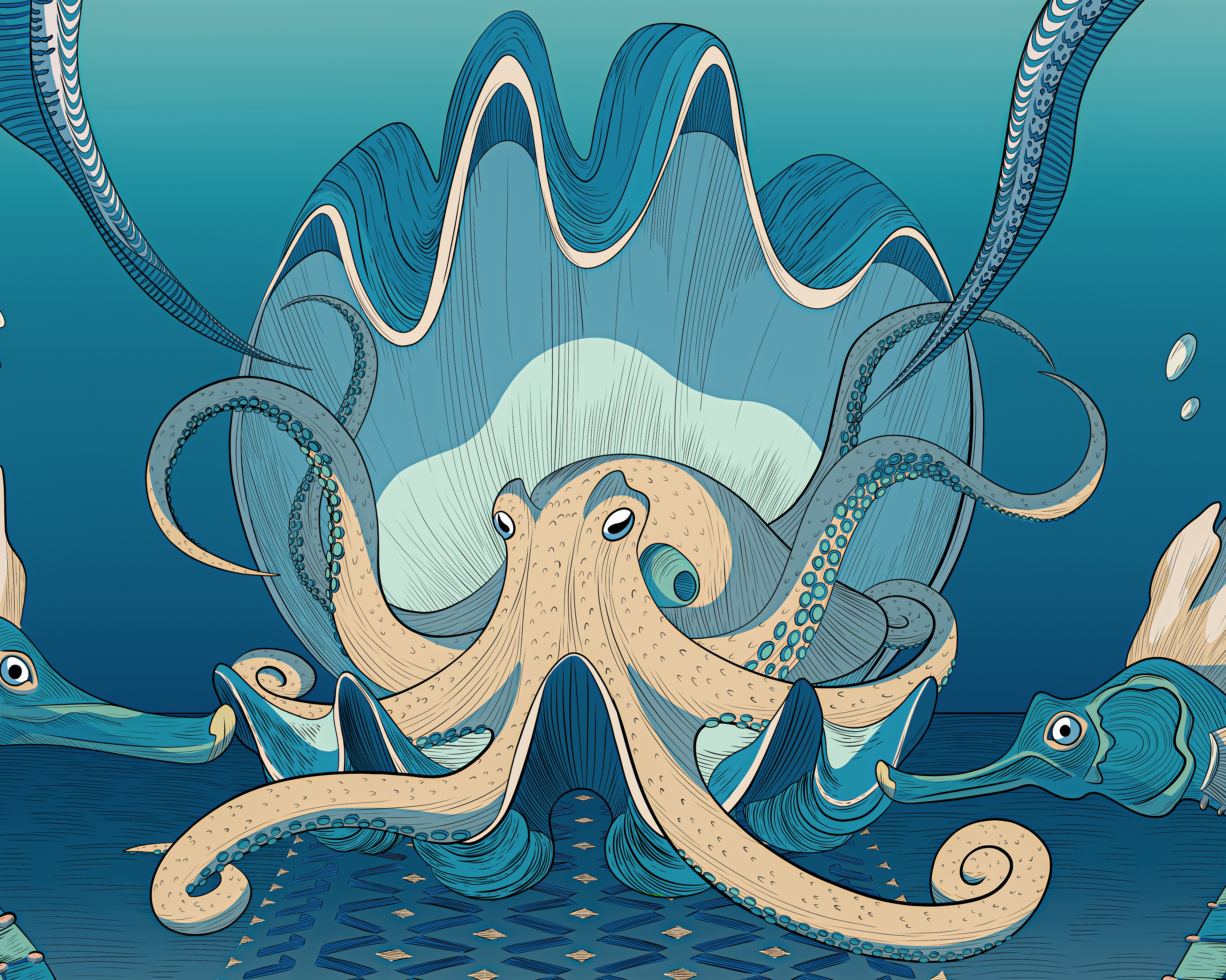 Drawing of a giant yellow pacific octopus emerging from a clam shell beneath the ocean.