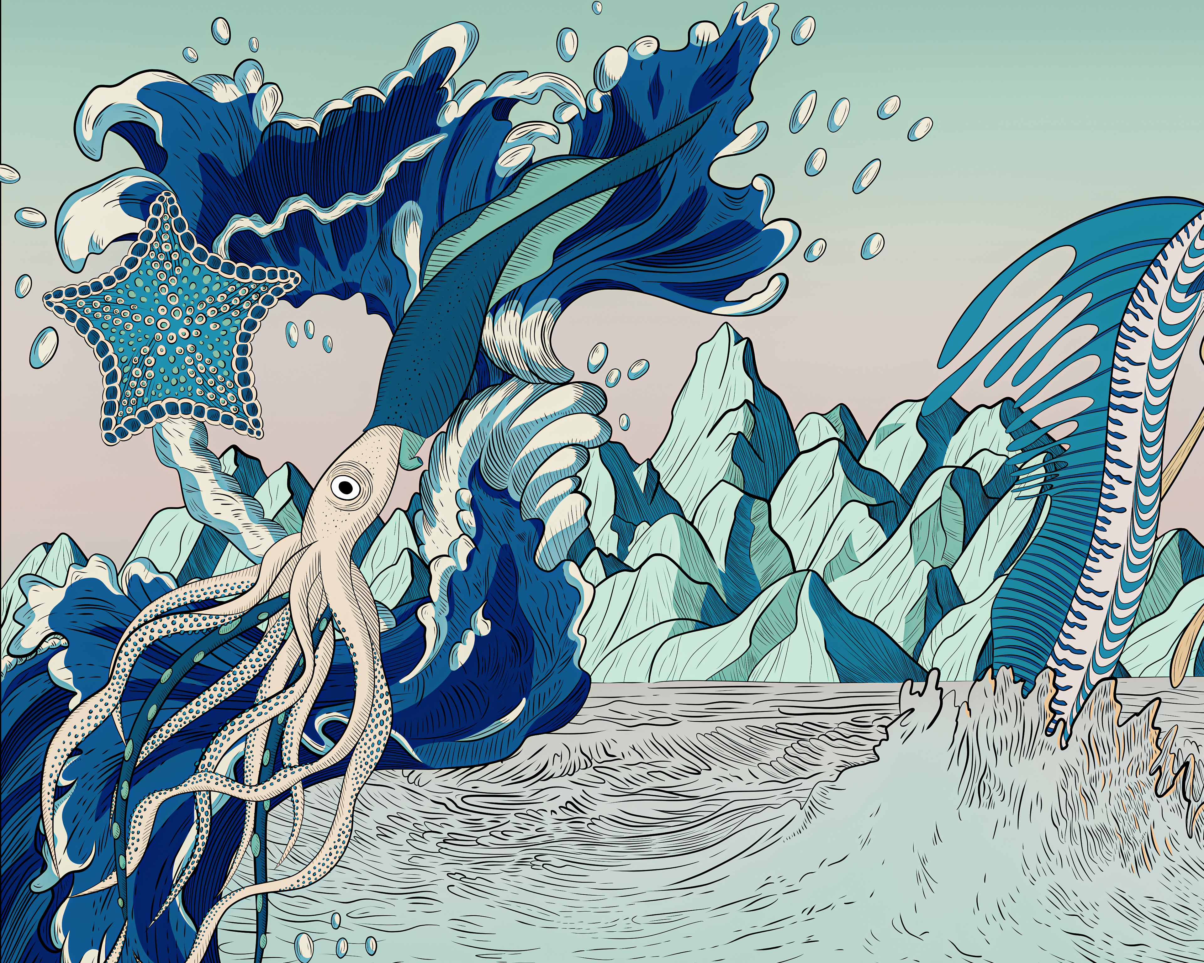 Illustration of a squid and starfish jumping out of a cresting wave in cool-tone colours.