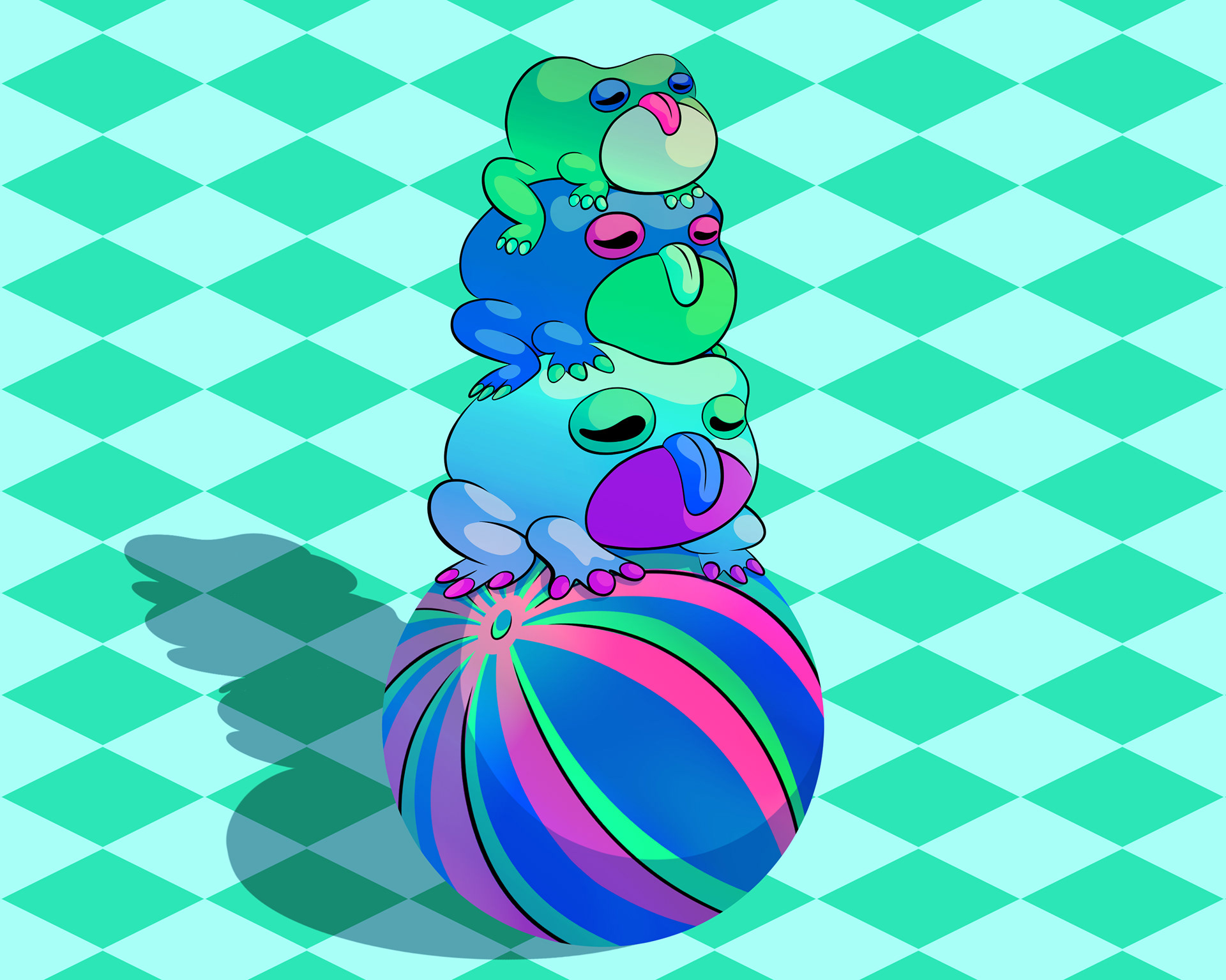 Illustration of a lazy stack of frogs piled on top of each other cutely sticking out their tongues.