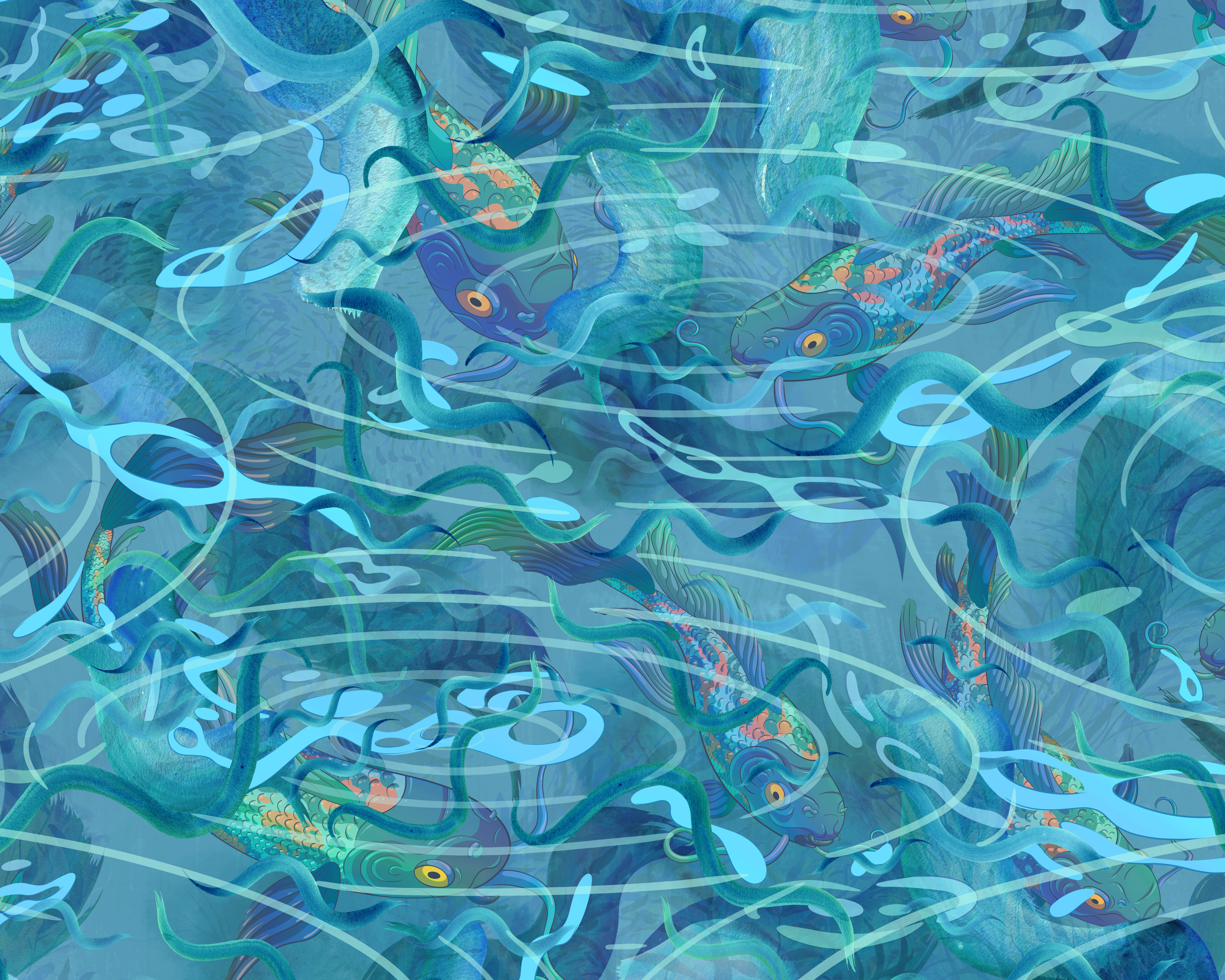 Pattern showing vibrant blue koi fish swimming amongst a hand-painted pond world.