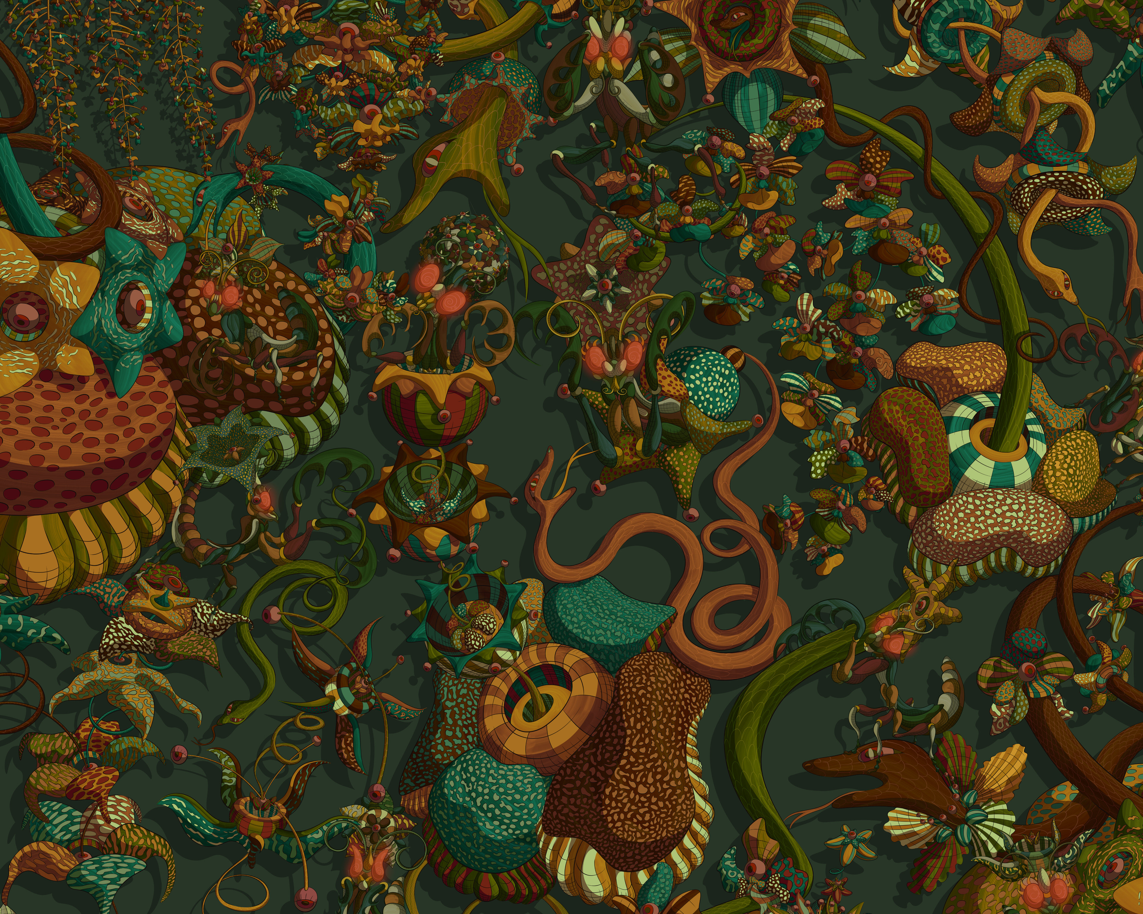 Repeat pattern of a dark green jungle scene filled with insects, eyes, plants and snakes.
