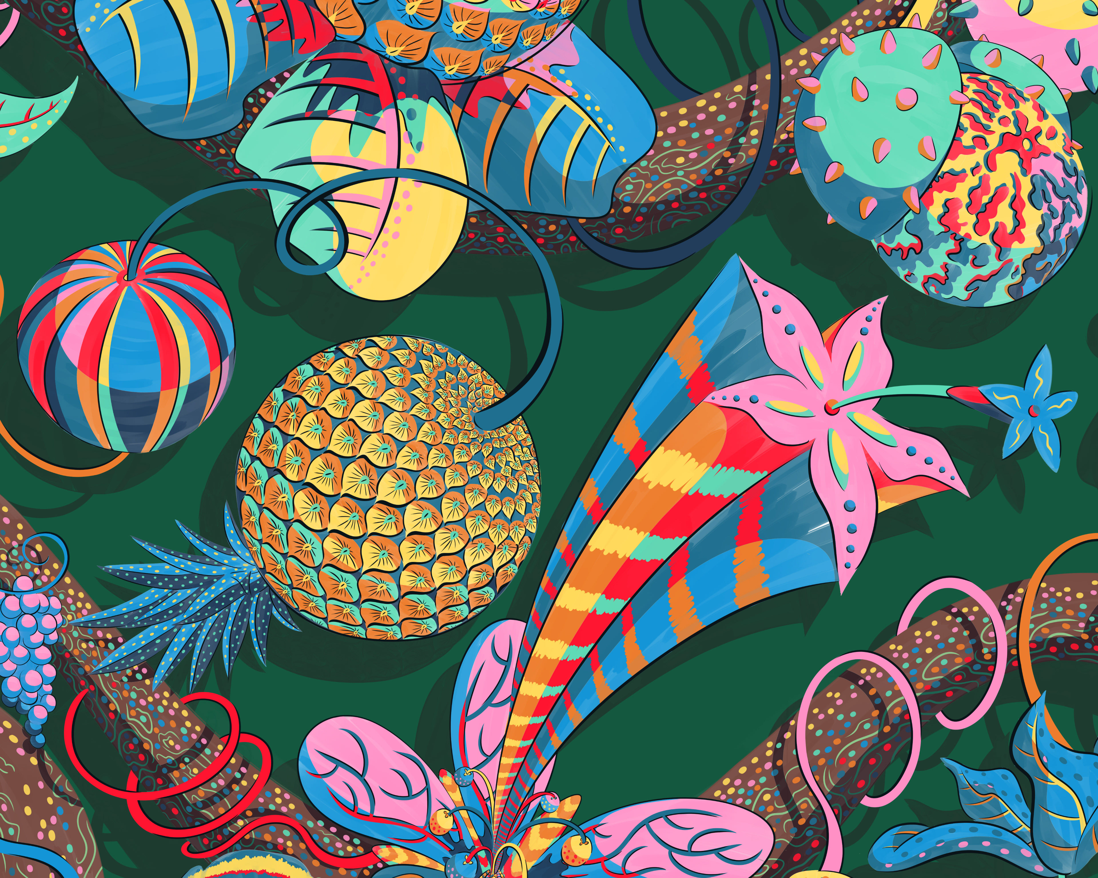 Pattern depicting colourful and eccentric fruit and flower hybrids against a rich green background.
