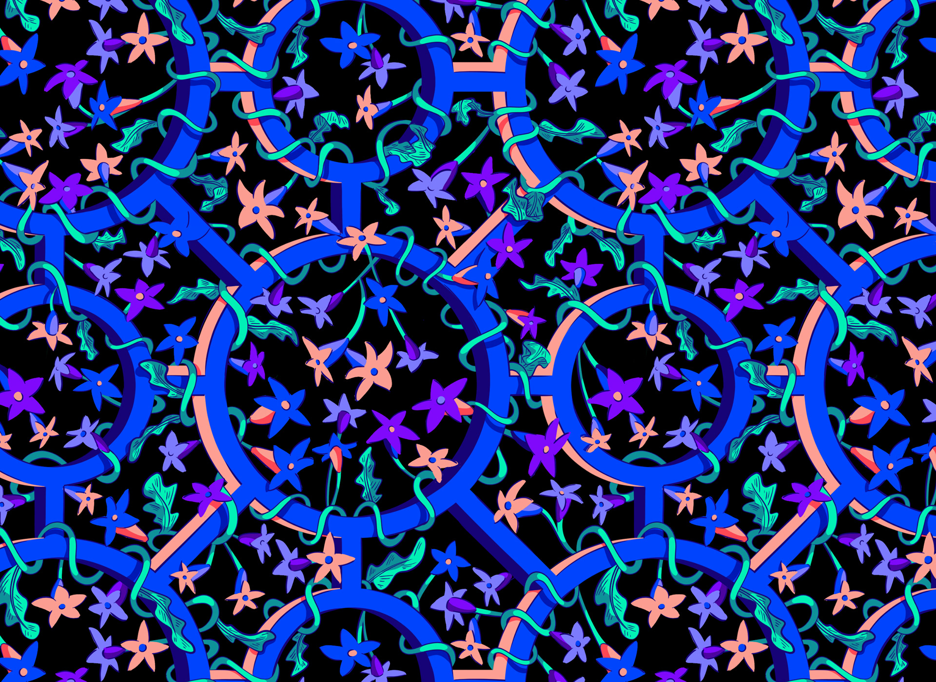 Neon blue floral pattern.