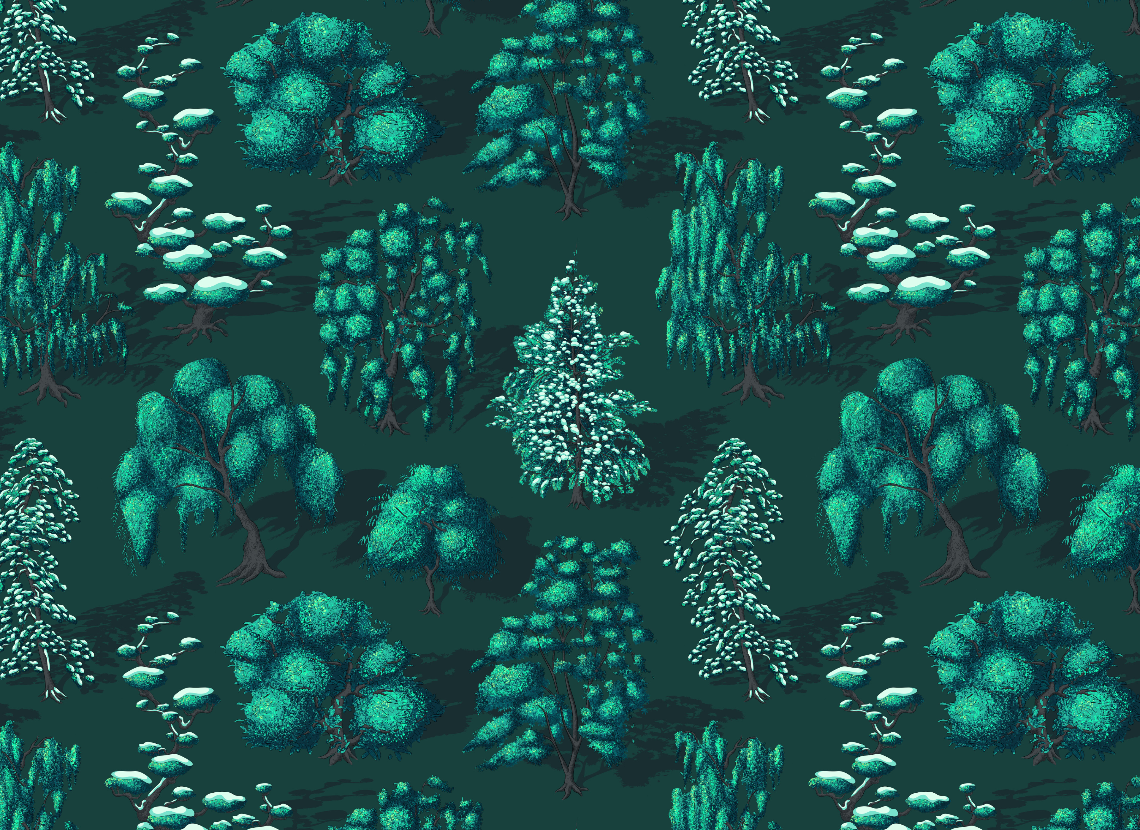 Illustration of a forest of giant trees in rich verdant green colours with sketch detailing.