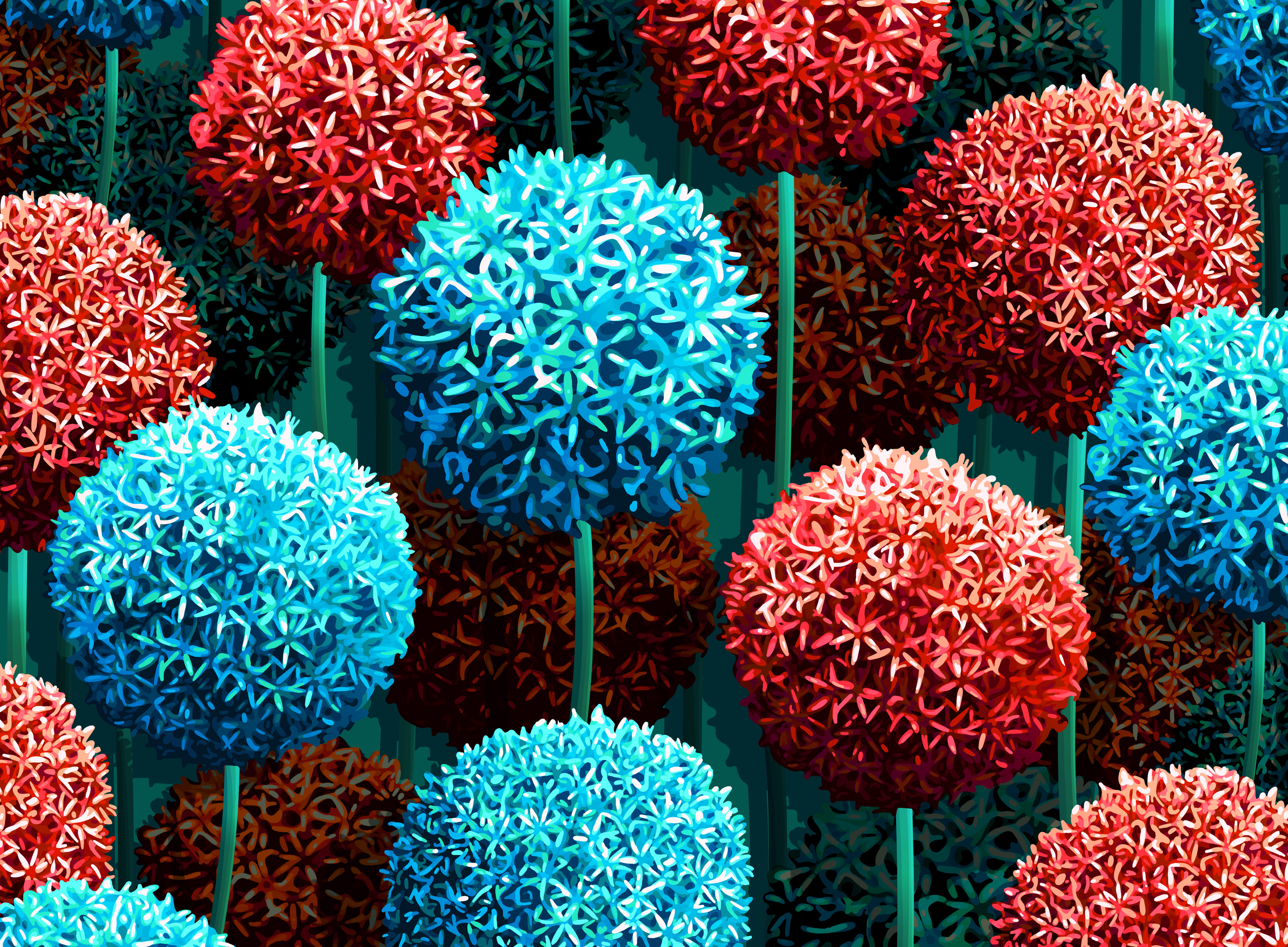 A colourful pattern depicting red and blue allium flowers painted in an impressionism style.