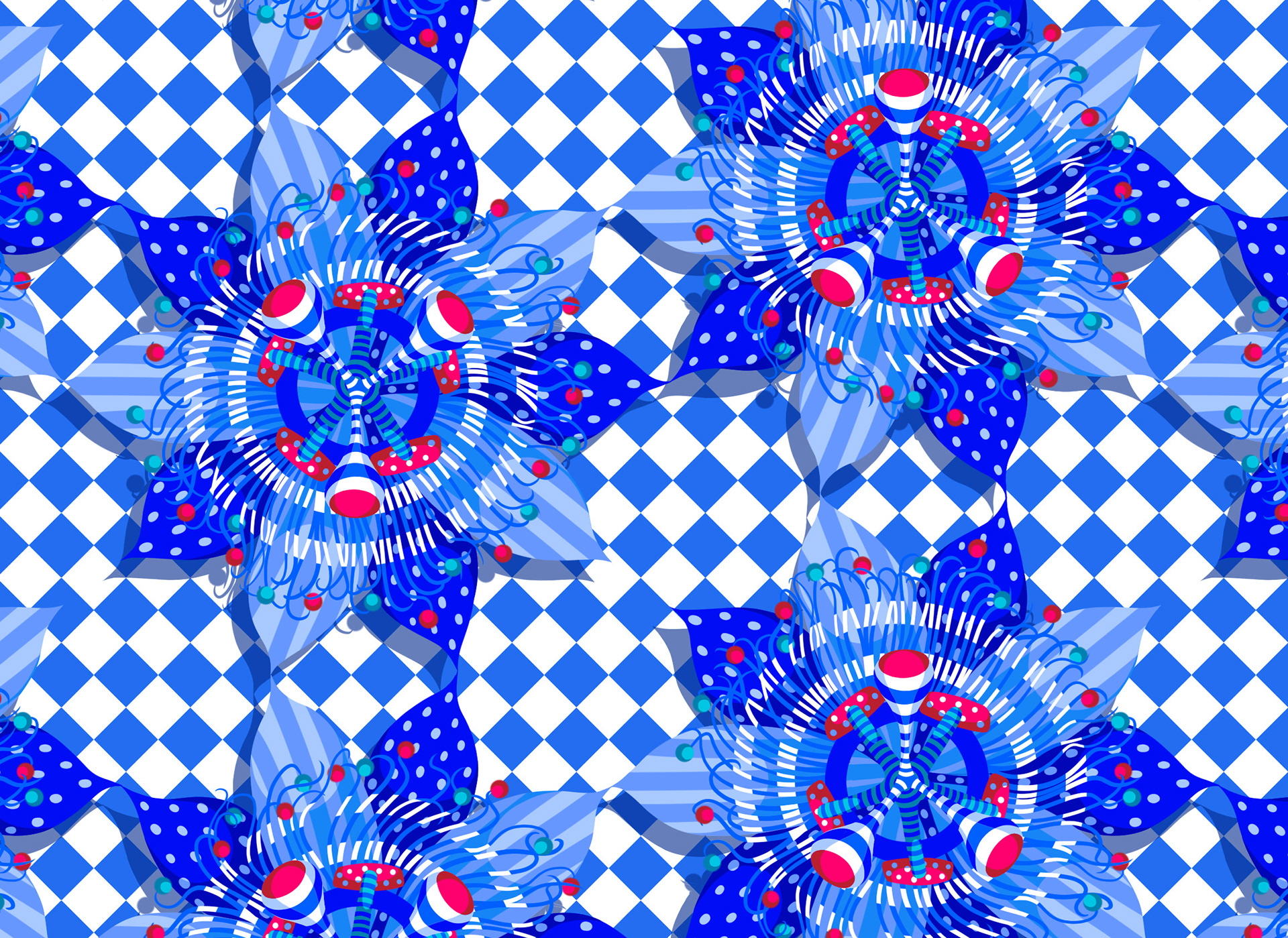 Bold passionflower pattern with a blue and white checkerboard tile background.