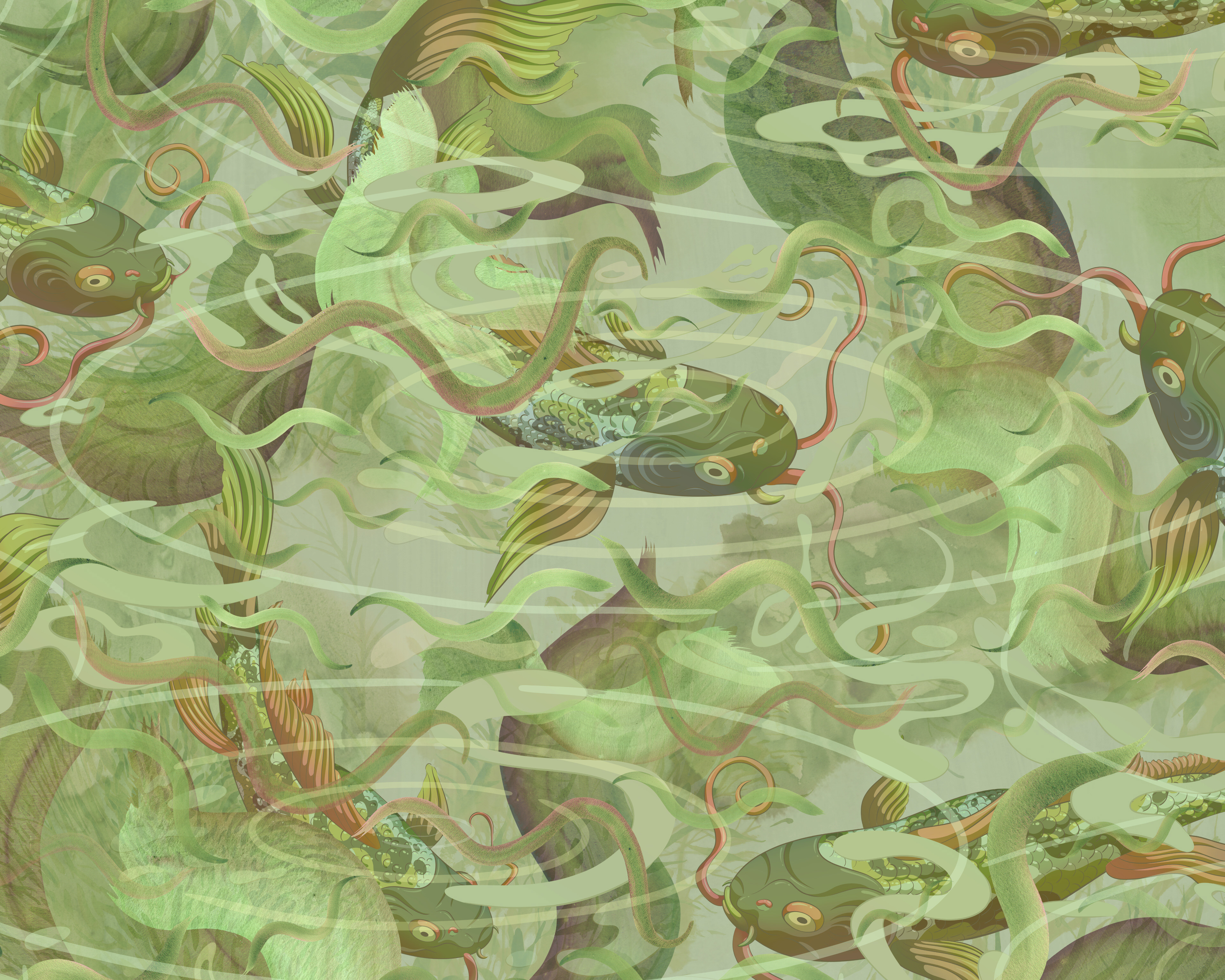 Mixed media illustration of a green koi swimming under water amongst painted brush strokes.
