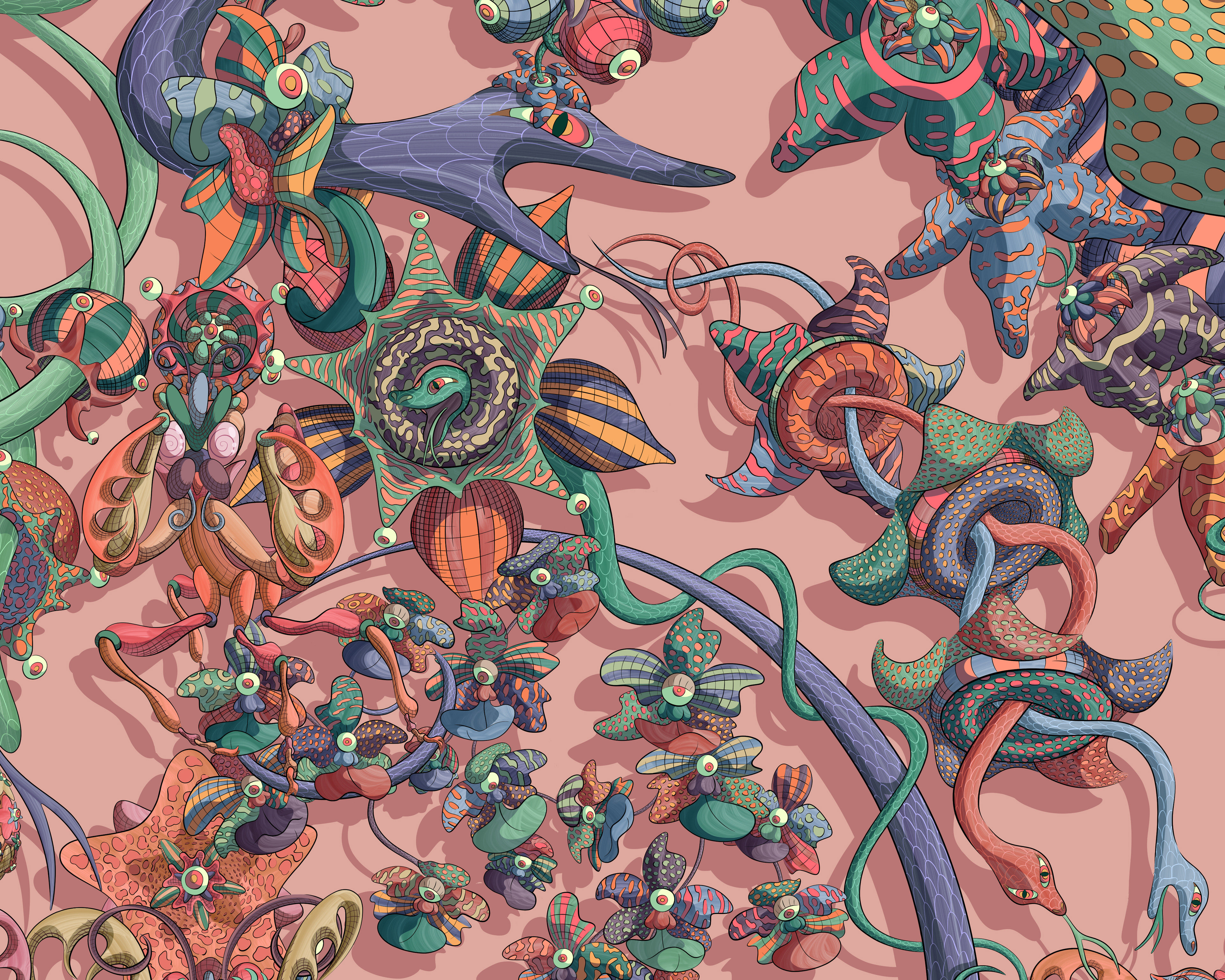Illustration of a lively jungle scene of flying snakes, stripy plants and frightened insects.