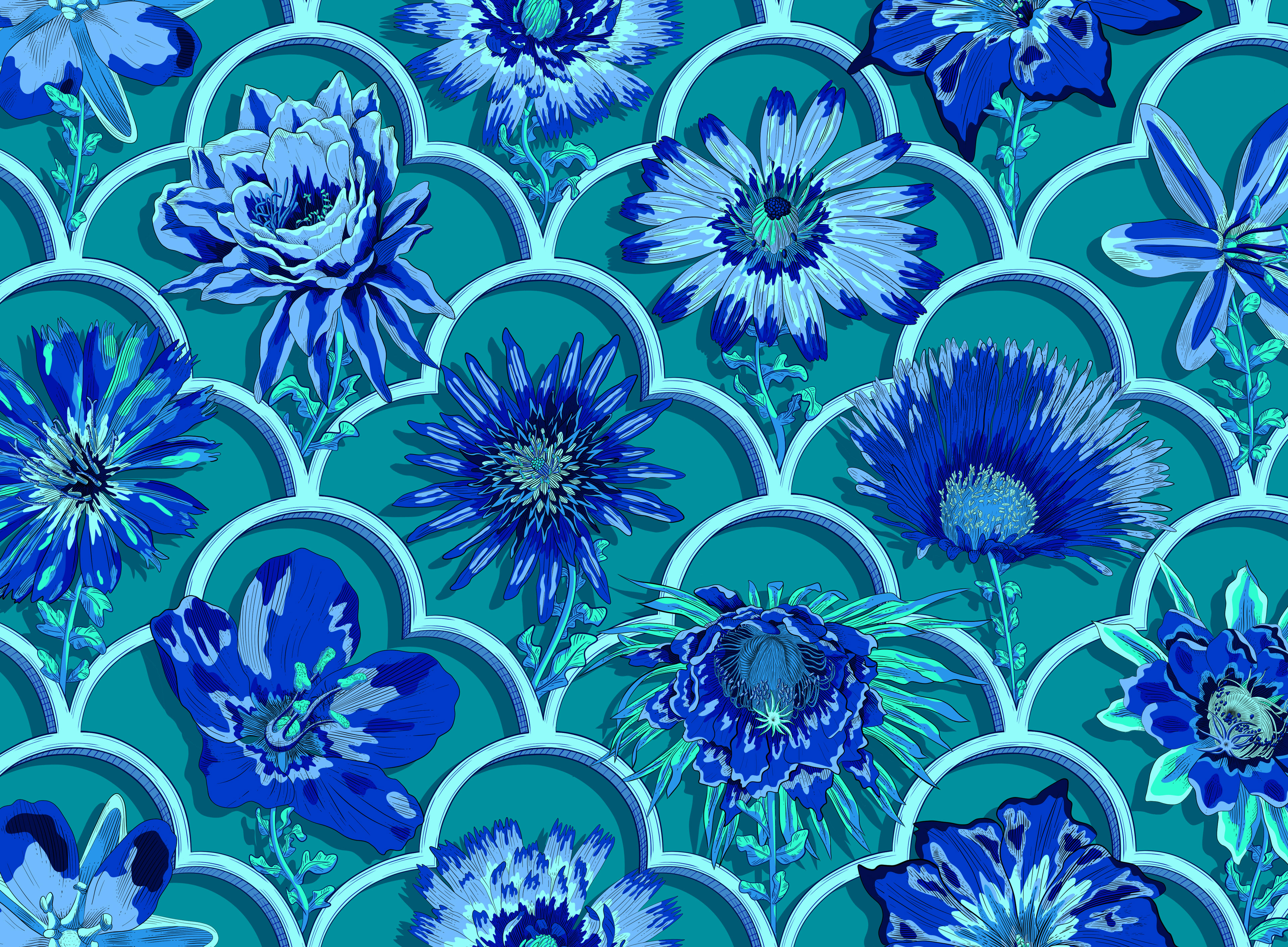 A pattern showing fine-line flowers illustrations in various shades of blue.