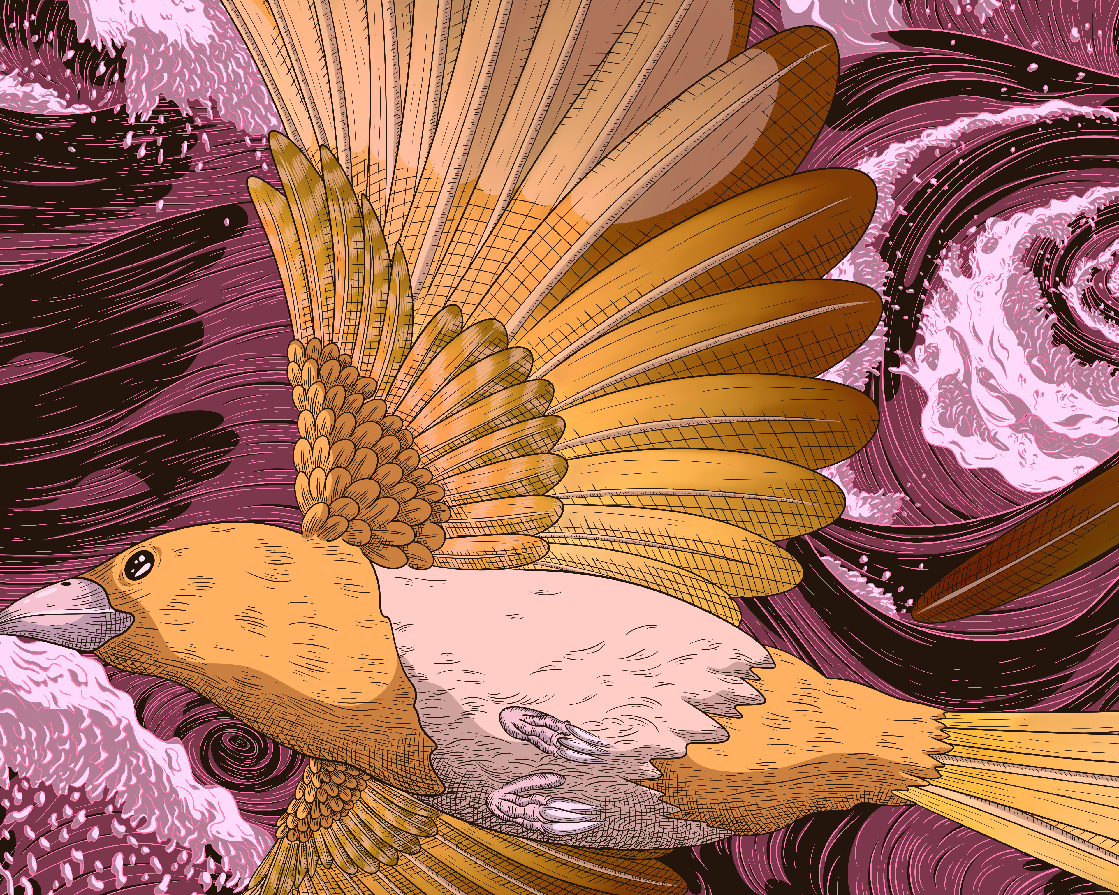 Detailed illustration of a gold magpie bird flying above two swirling deep maroon whirlpools.