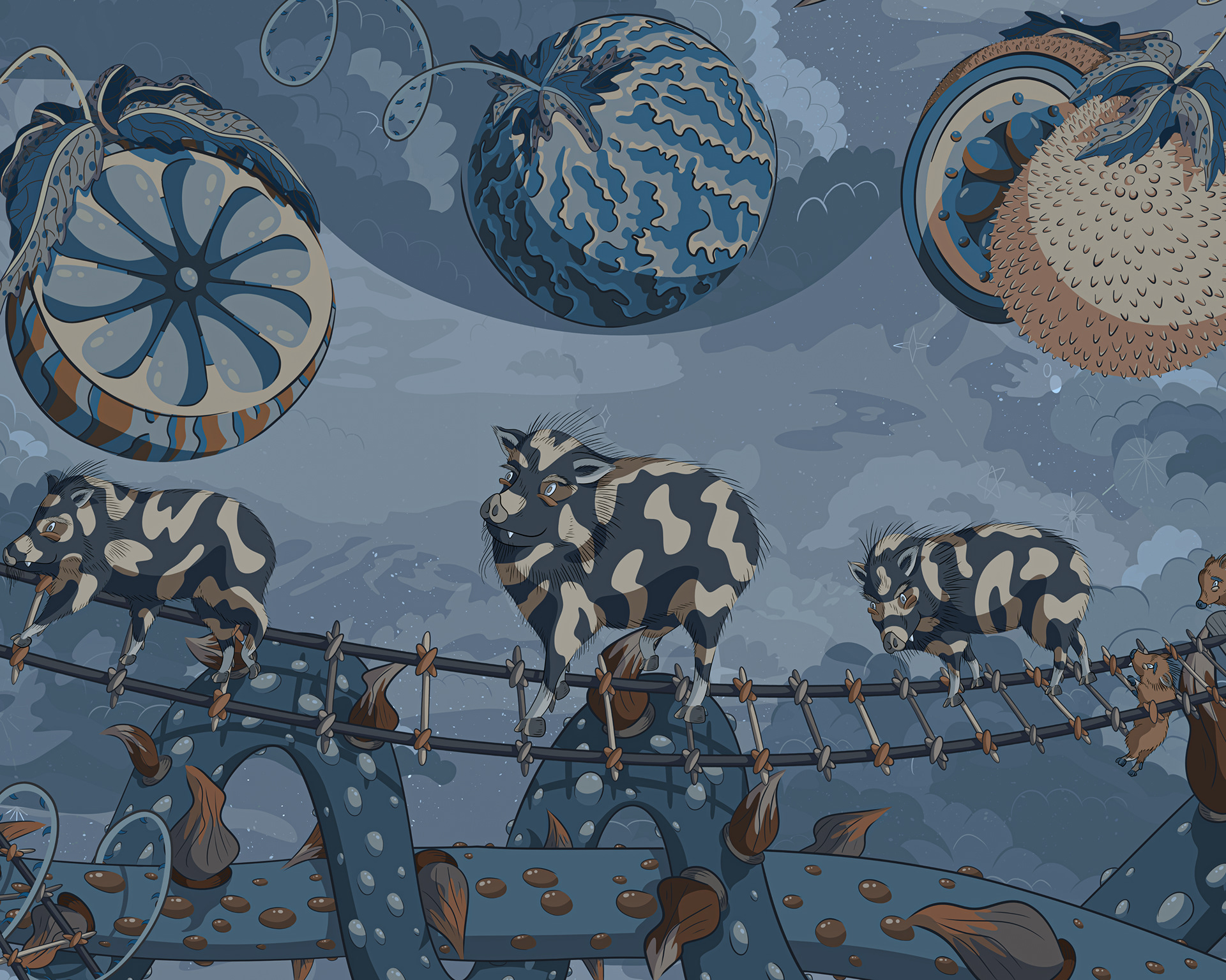 Digital illustration of a family of pigs carefully walking across a horizontal ladder in the sky.