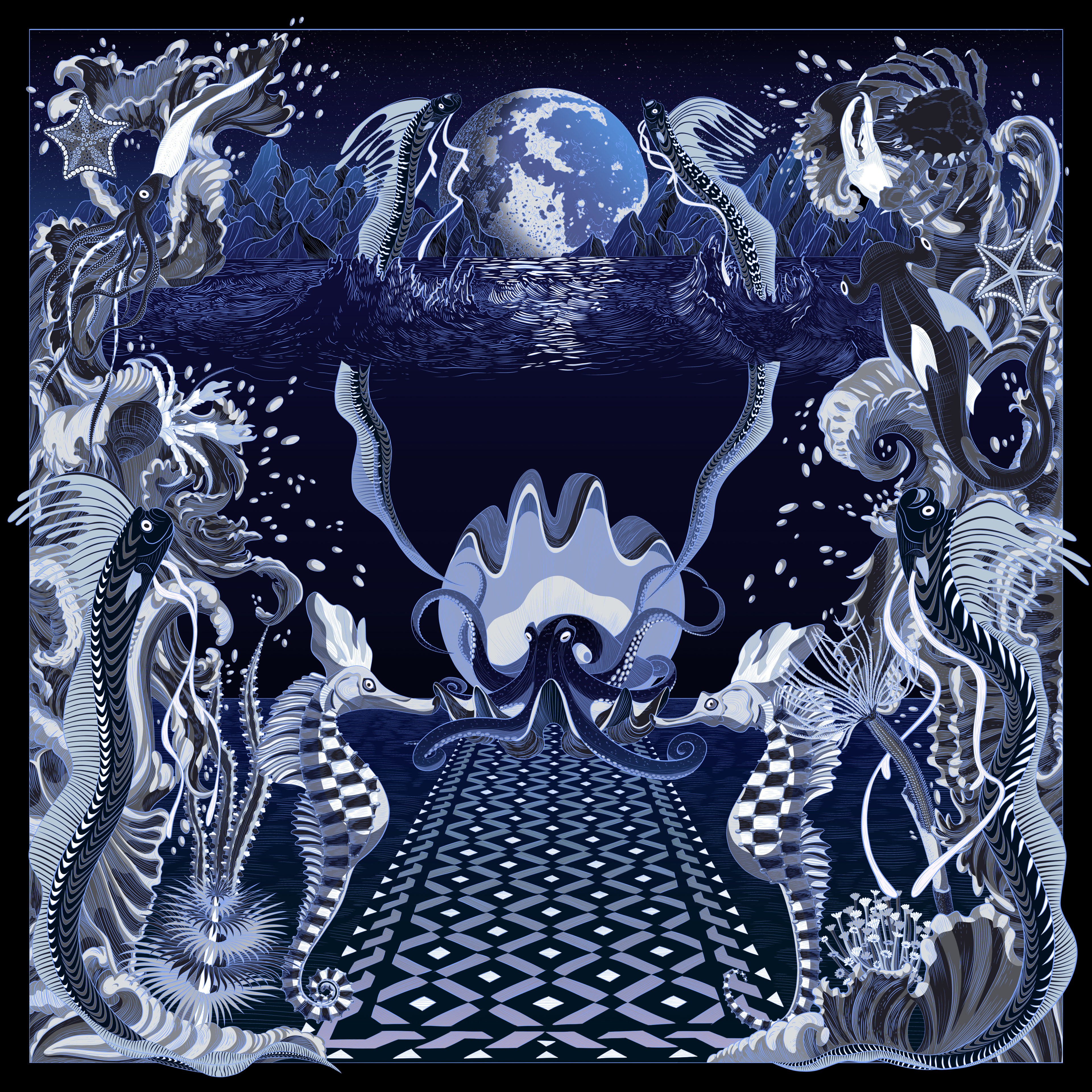 Monochromatic black and white illustration of a lively ocean scene with giant sea life.