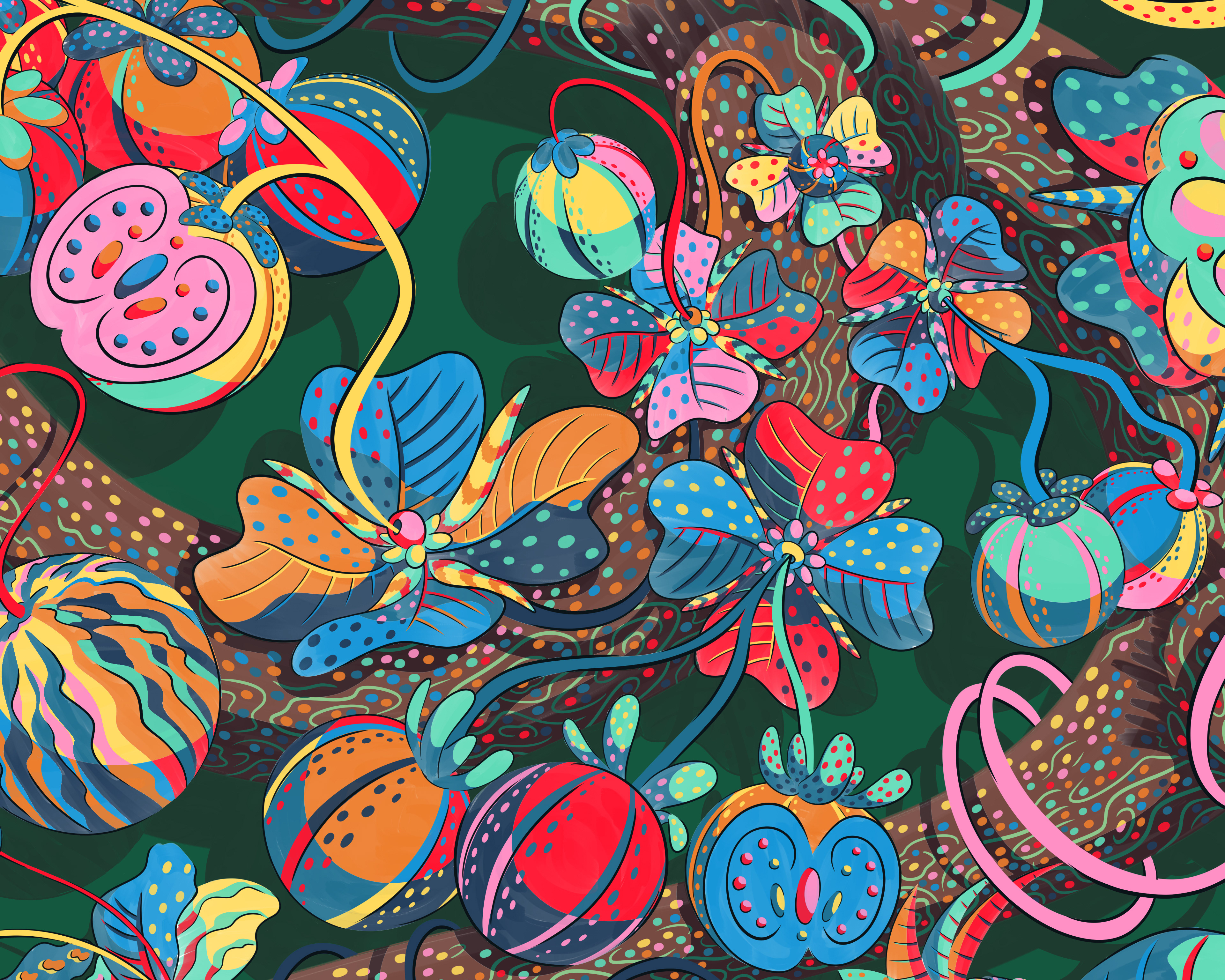 Illustrative pattern showing a vibrant world of branches, flowers, fruits and swirling stems.