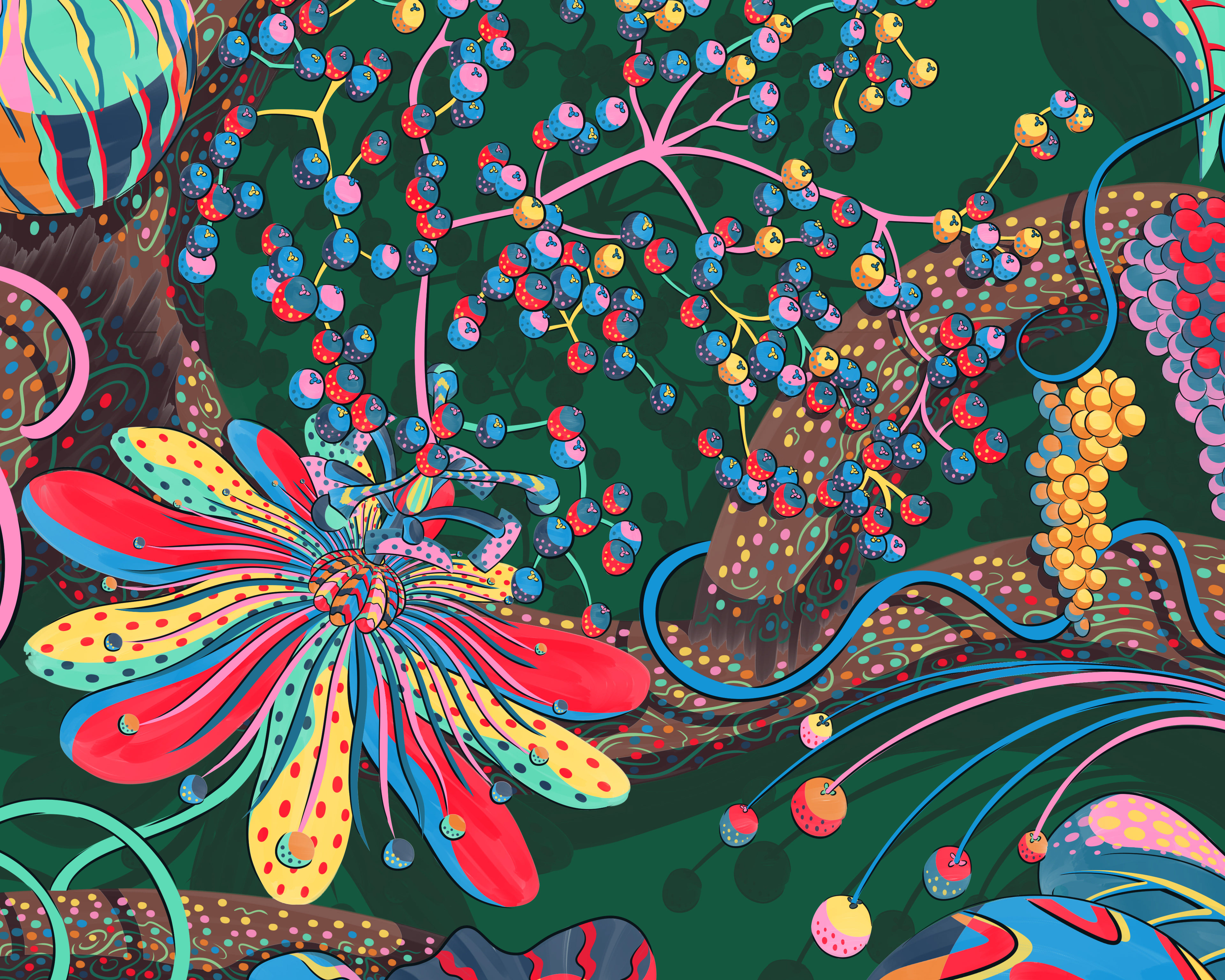 Digital illustration of a bizarre tree world filled with colourful patterned fruits and flowers. 