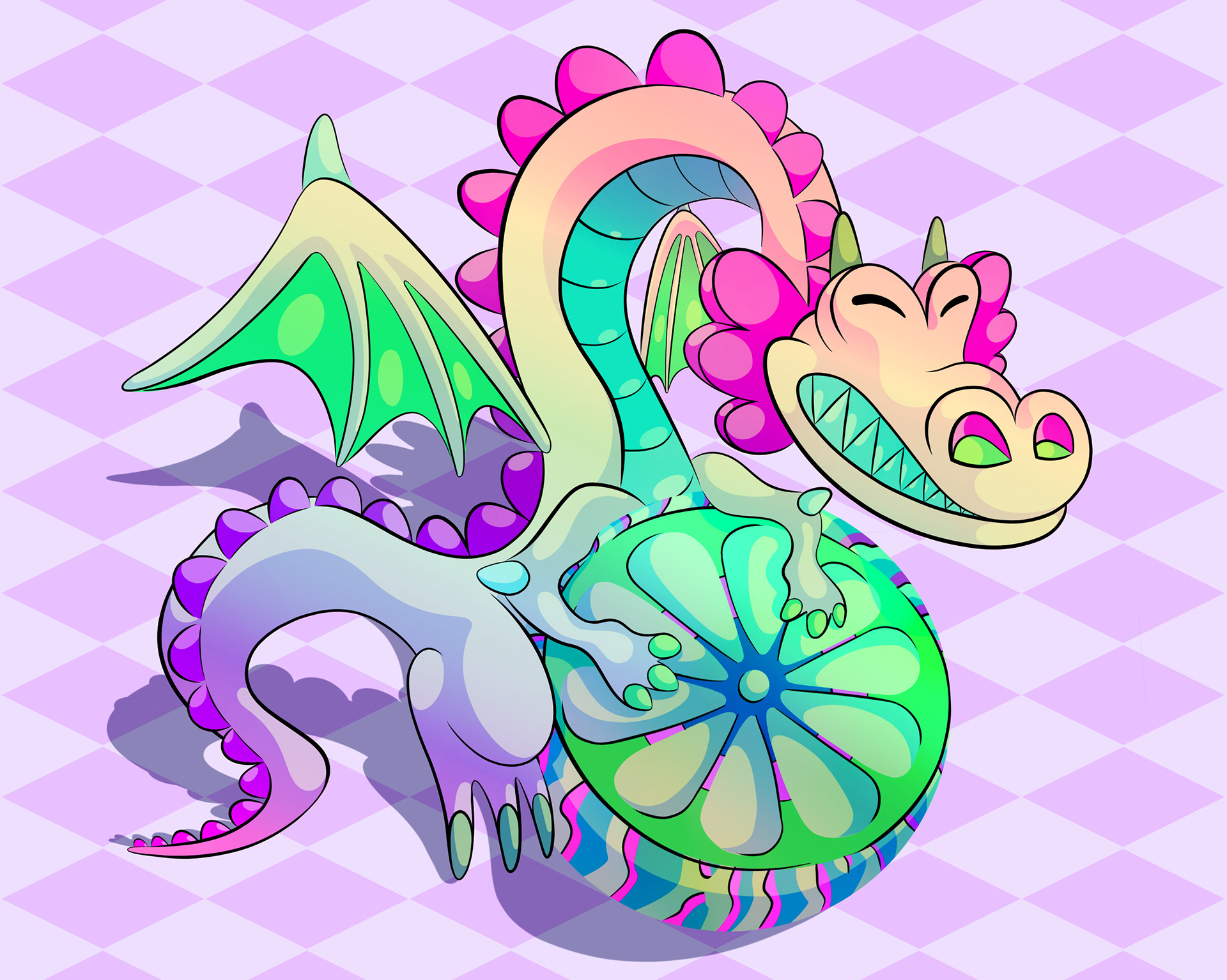 Illustration of a cheeky pink and green dragon with a big smiling grin on its face hugging a fruit.