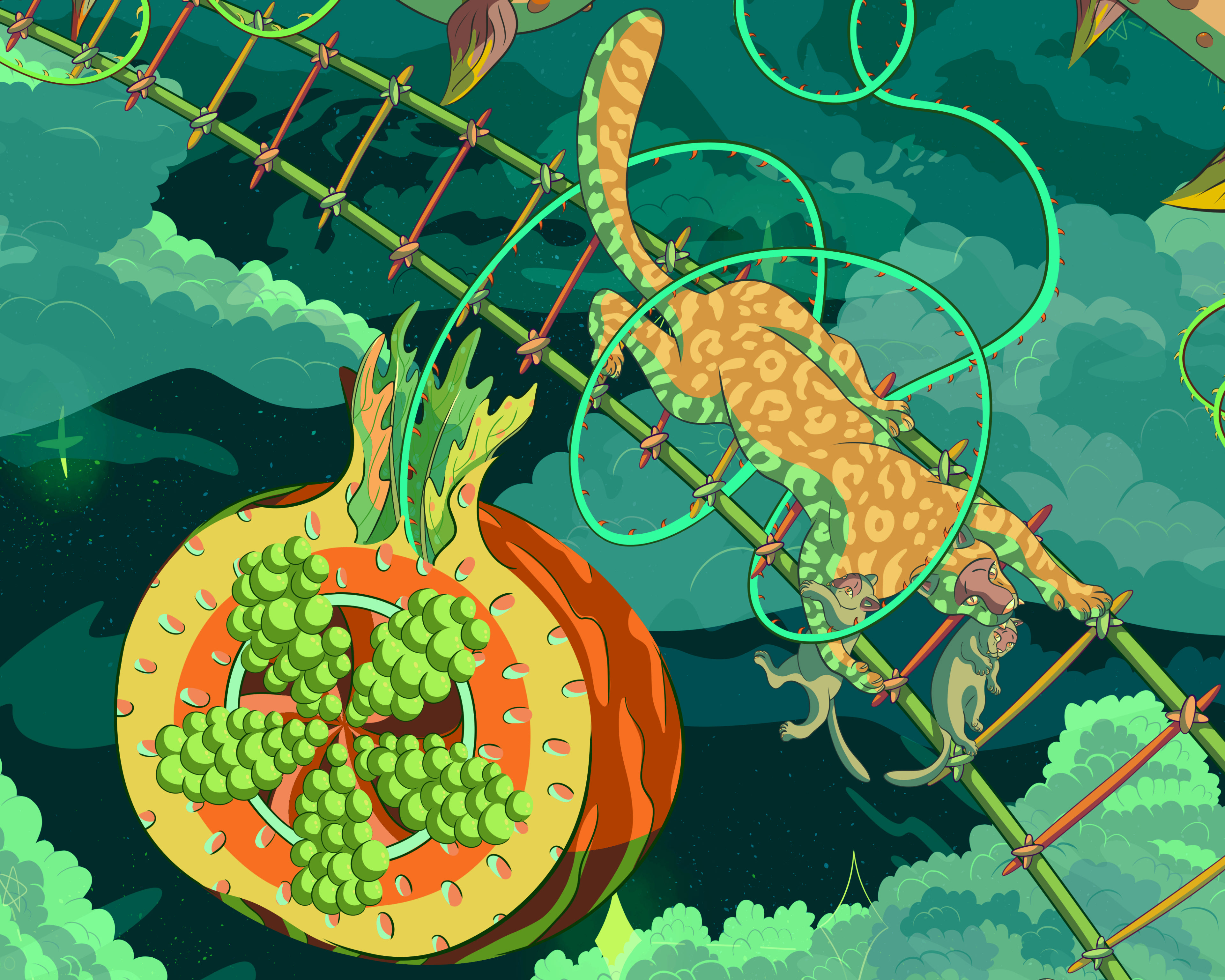 Digital illustration of a cheetah climbing down a ladder holding her two cubs next to a giant fruit.