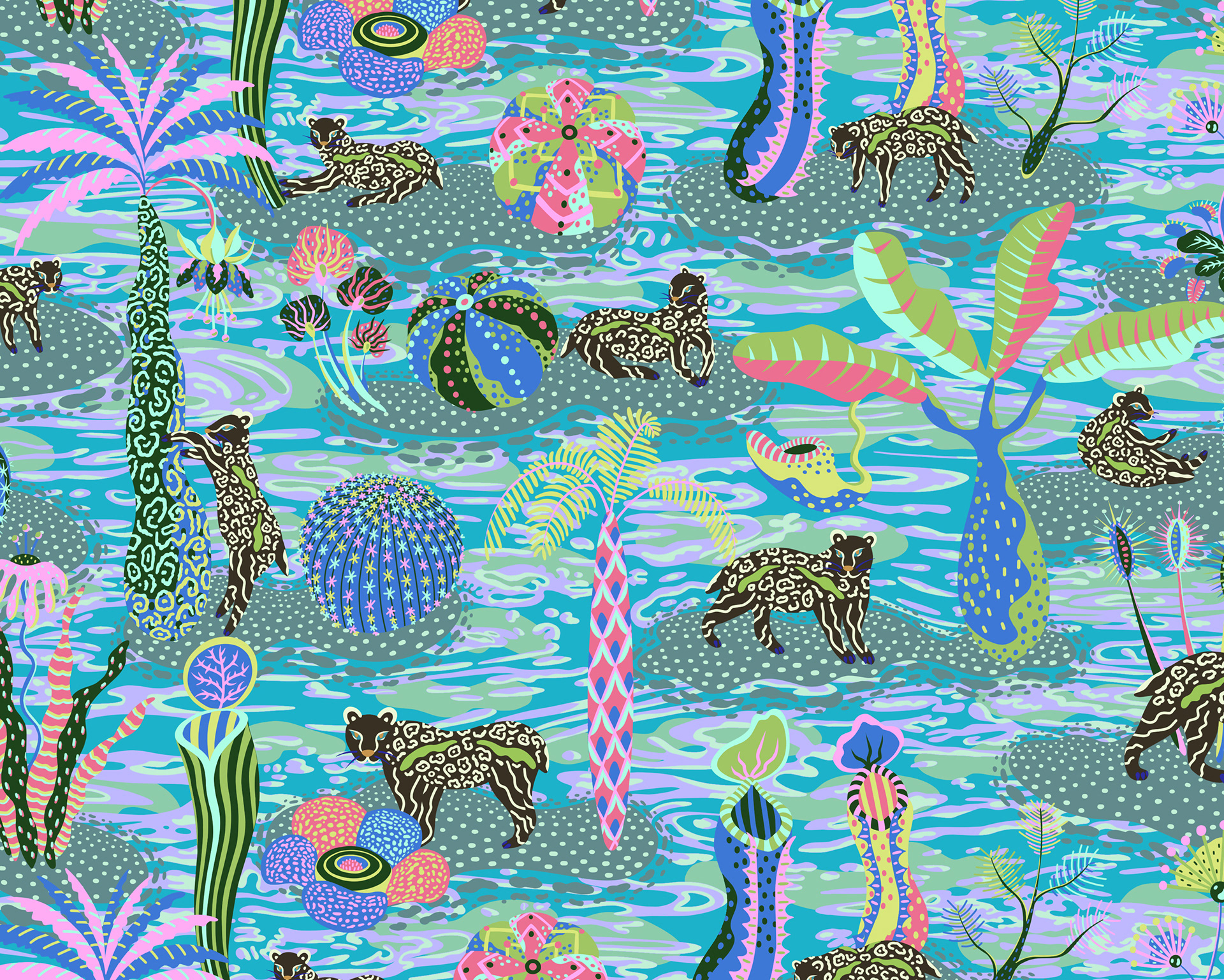 A drawing of a watery world in peaceful blues and greens depicting panthers and plants.