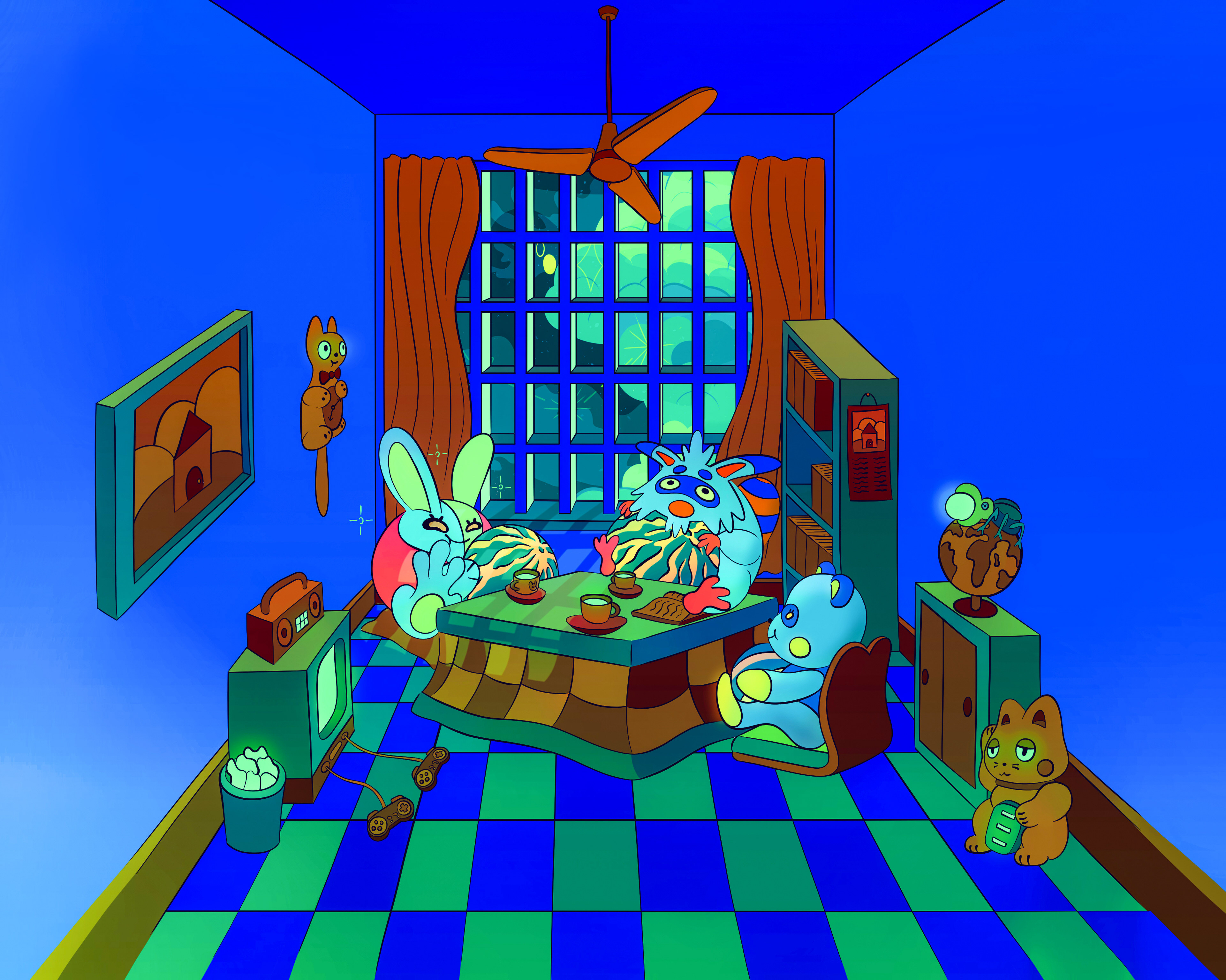 Digital illustration of a strange Japanese apartment with animal characters sipping nuclear tea.