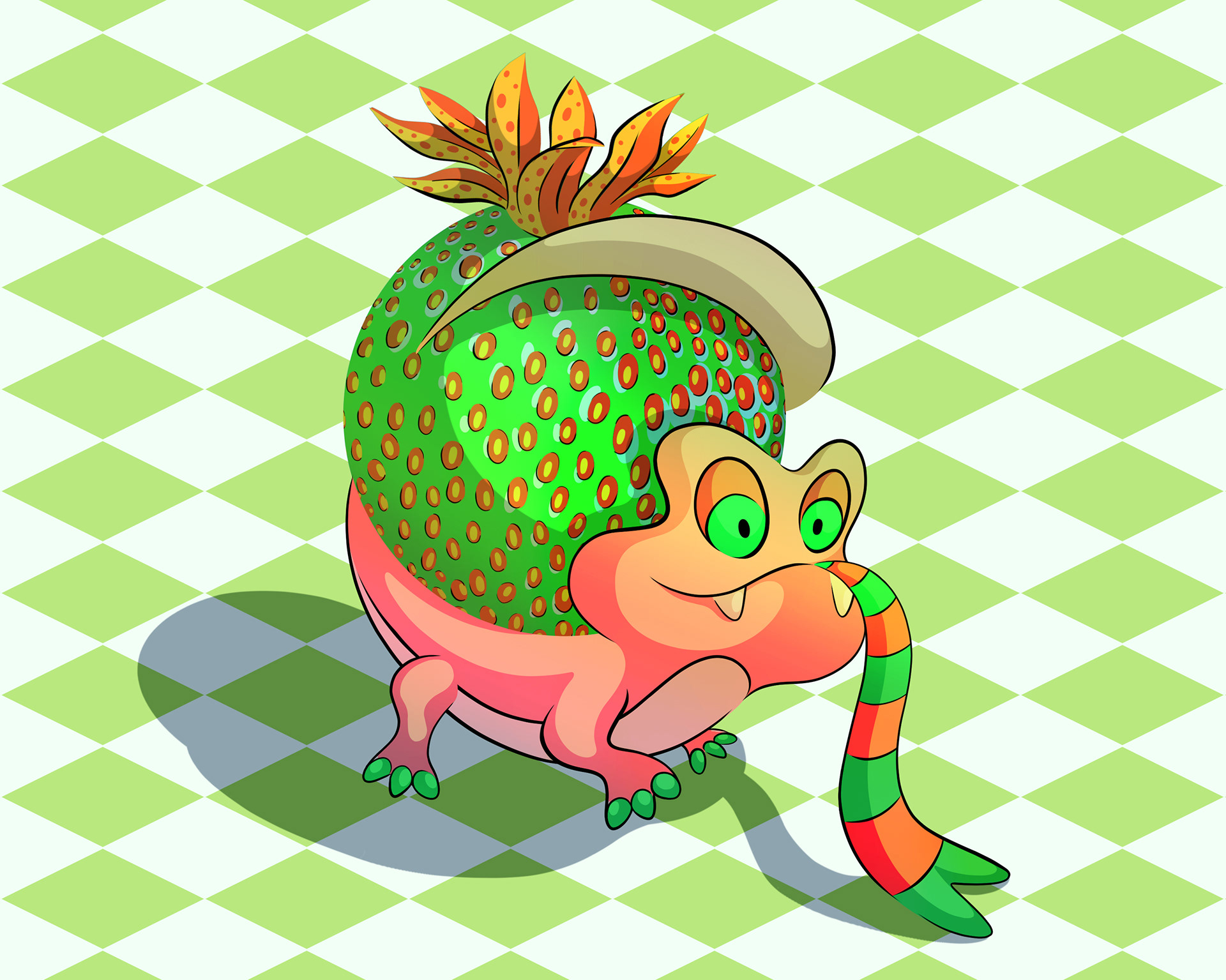 Illustration of a chilled out gecko with a long stripy tongue carrying a giant green strawberry.