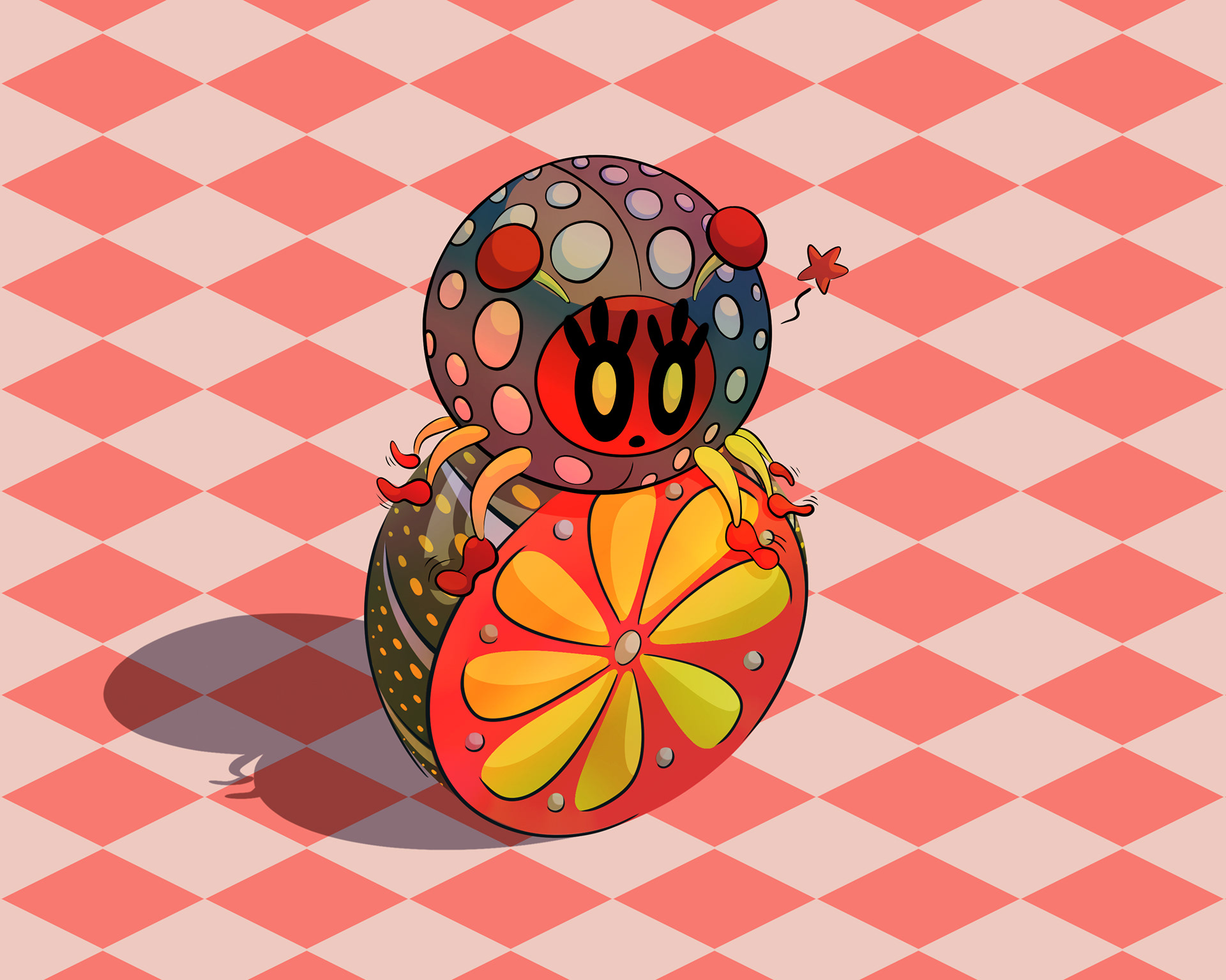 Illustration of friendly little beetle tapping it's toes while sitting on top of a sliced lemon.