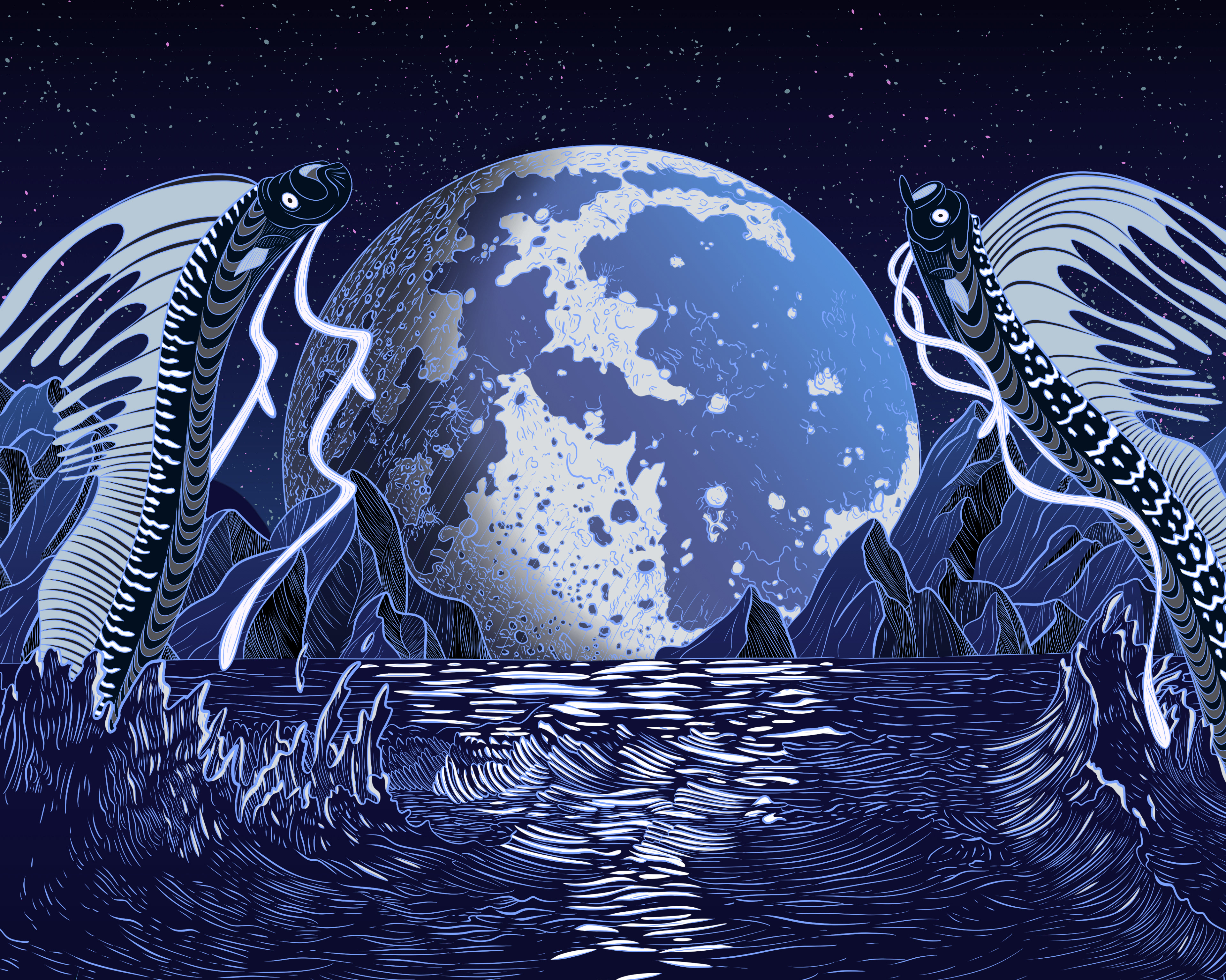 Drawing of two giant oarfish jumping out of the oceans surface in front of a bright full moon.