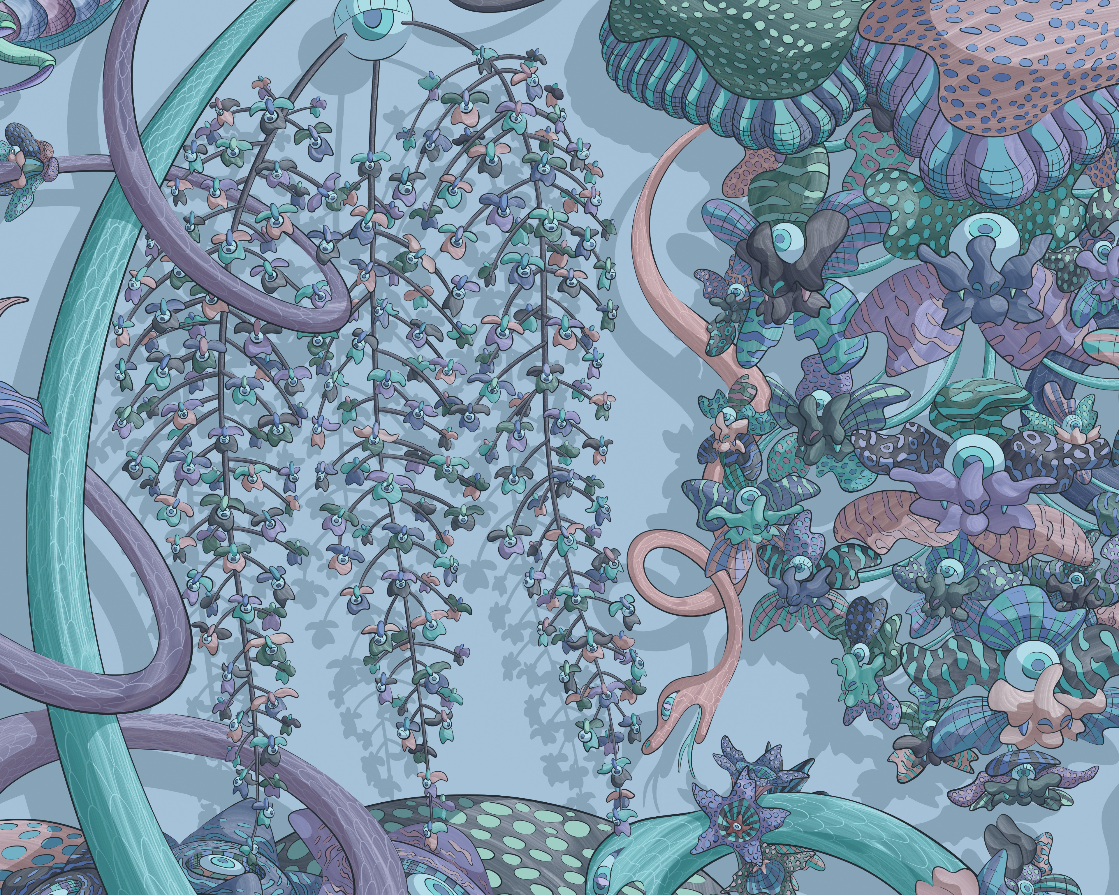 Highly detailed digital illustration of abstract rainforest foliage in pastel blues and purples.