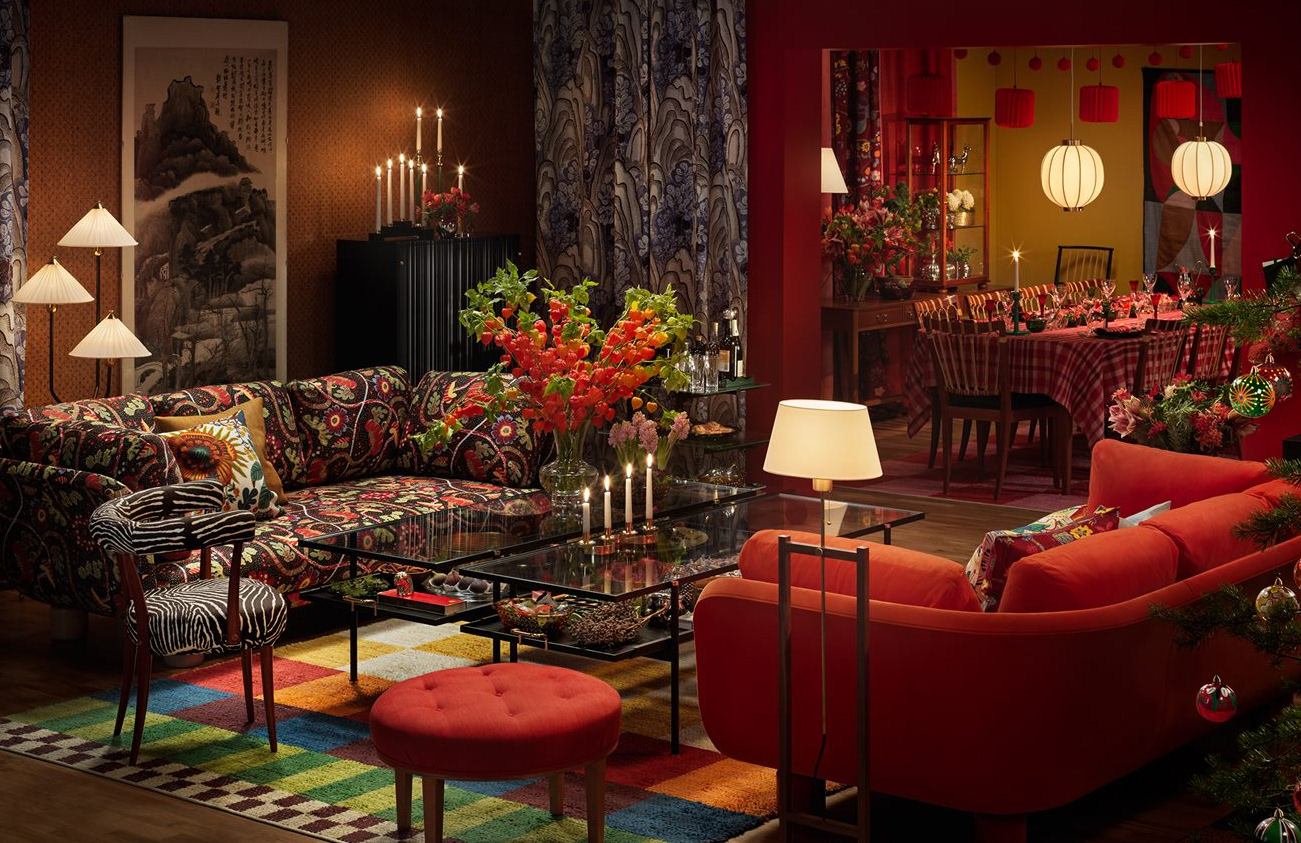 A luxury red living room styled by the Svenskt Tenn interiors team in 2021.