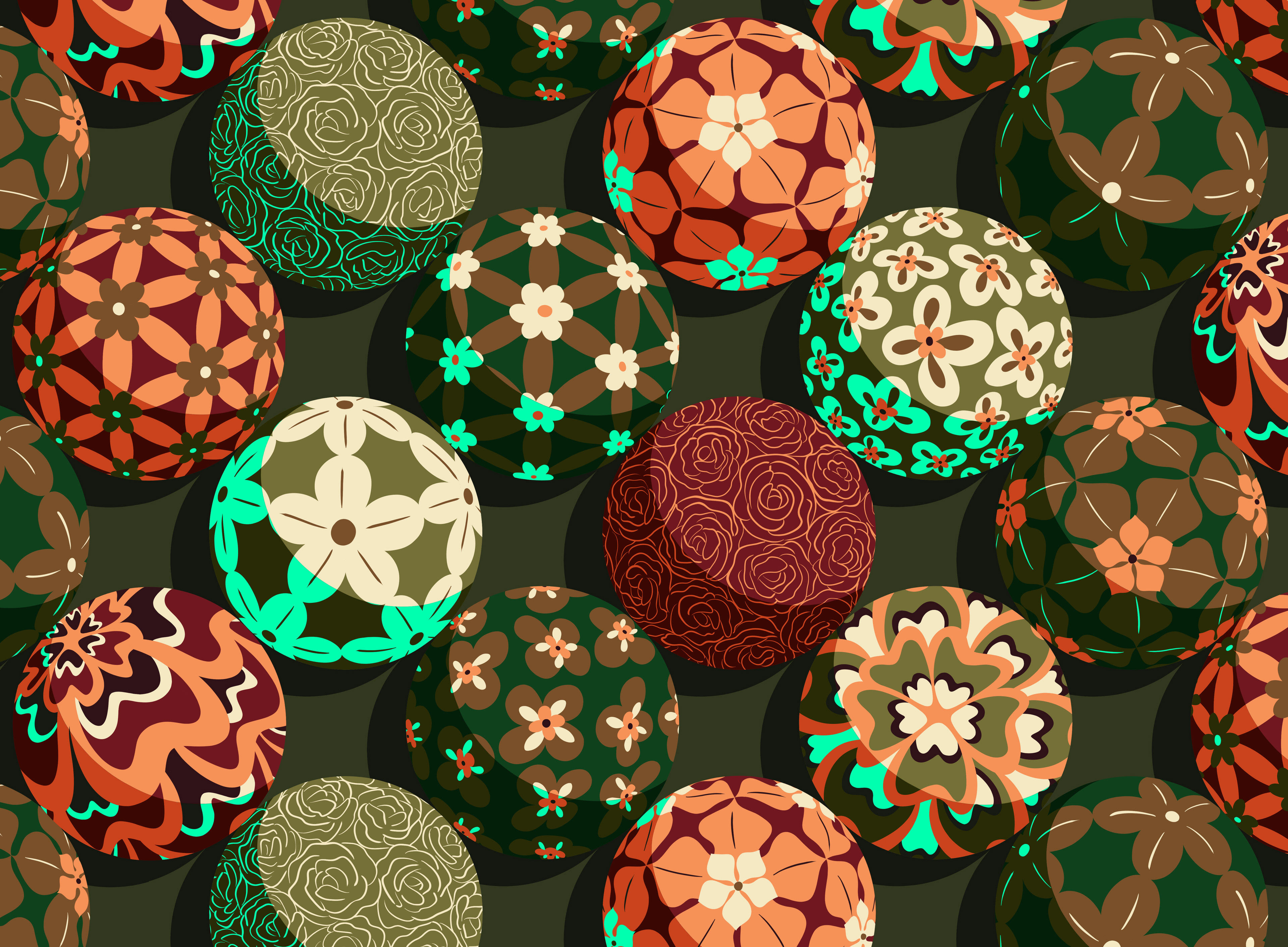 Digital pattern of flowery spheres in autumnal orange and green colours.