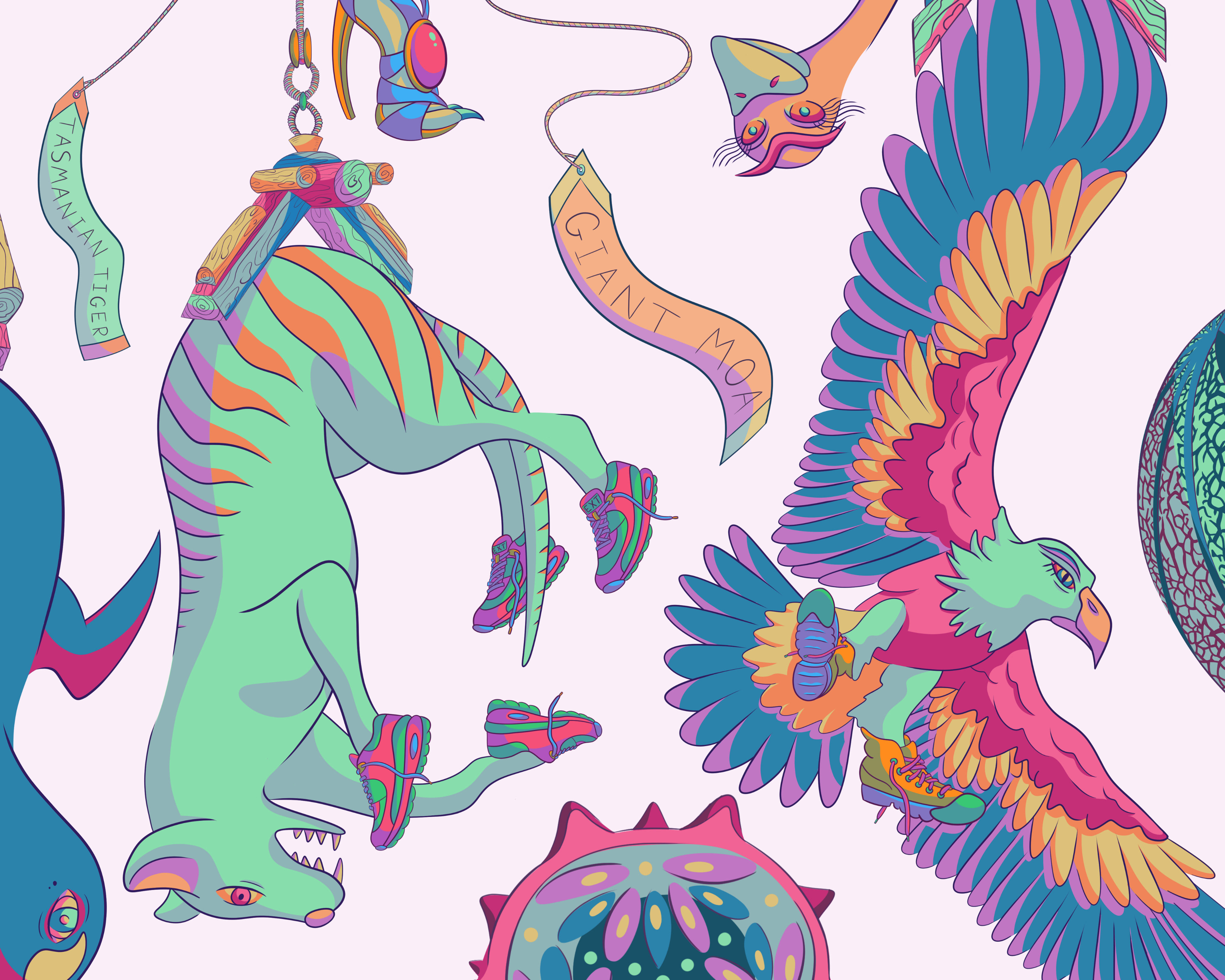 Colourful digital art depicting a tiger and eagle wearing shoes suspended in mid-air.
