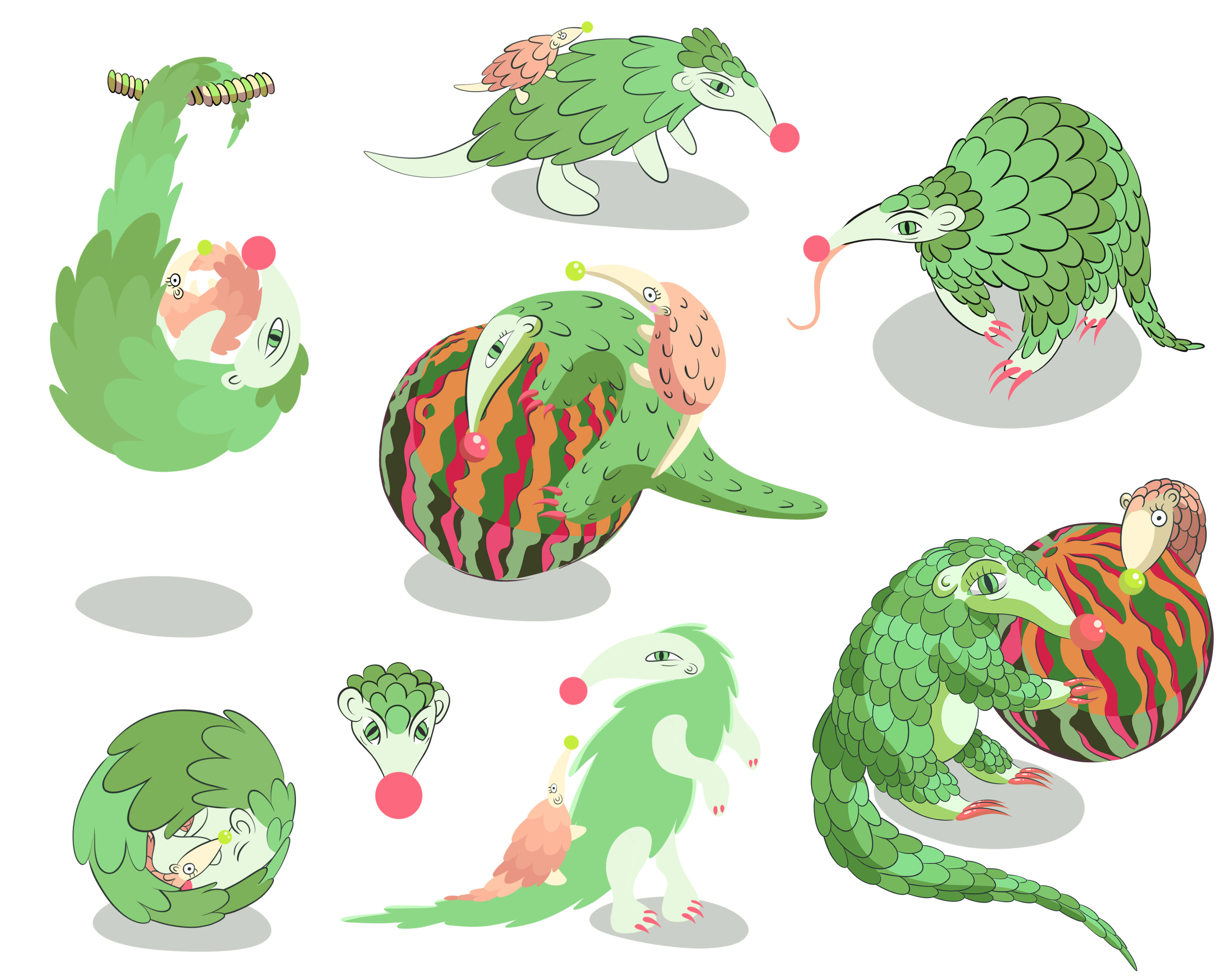Various concept art illustrations of characterful green pangolins by Sam Wilde.
