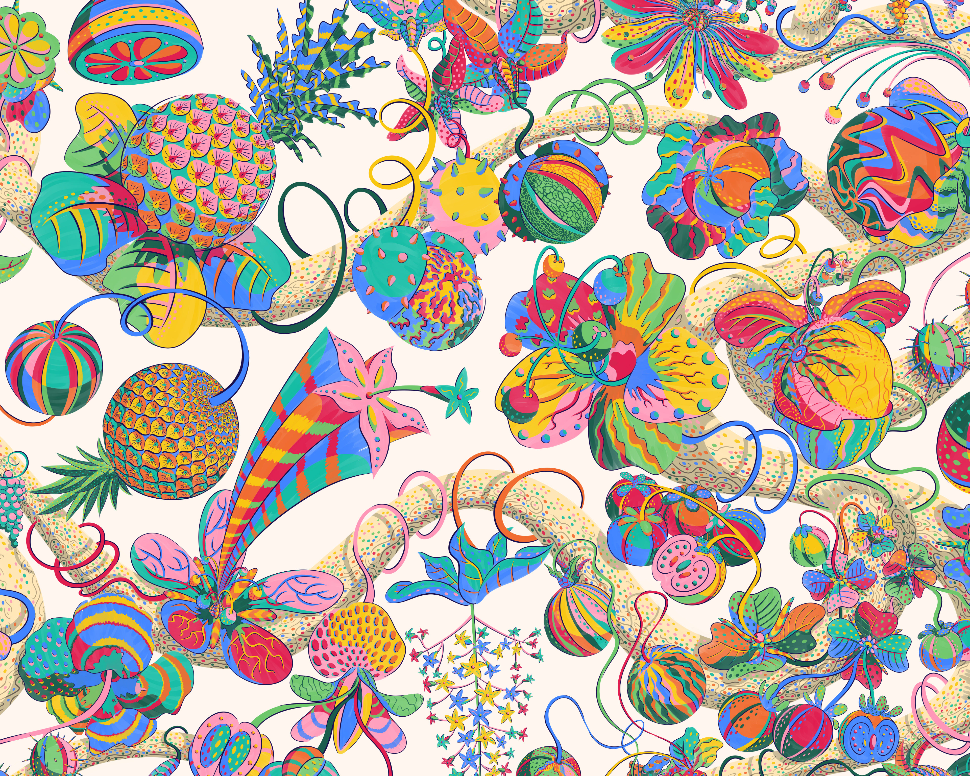 An illustrated pattern of a great tree alive with vibrant fruits and flowers in joyful colours.