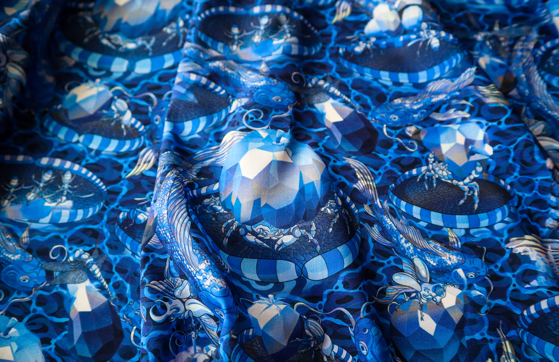 Printed textile pattern showing a watery pond kingdom illustrated by Sam Wilde.