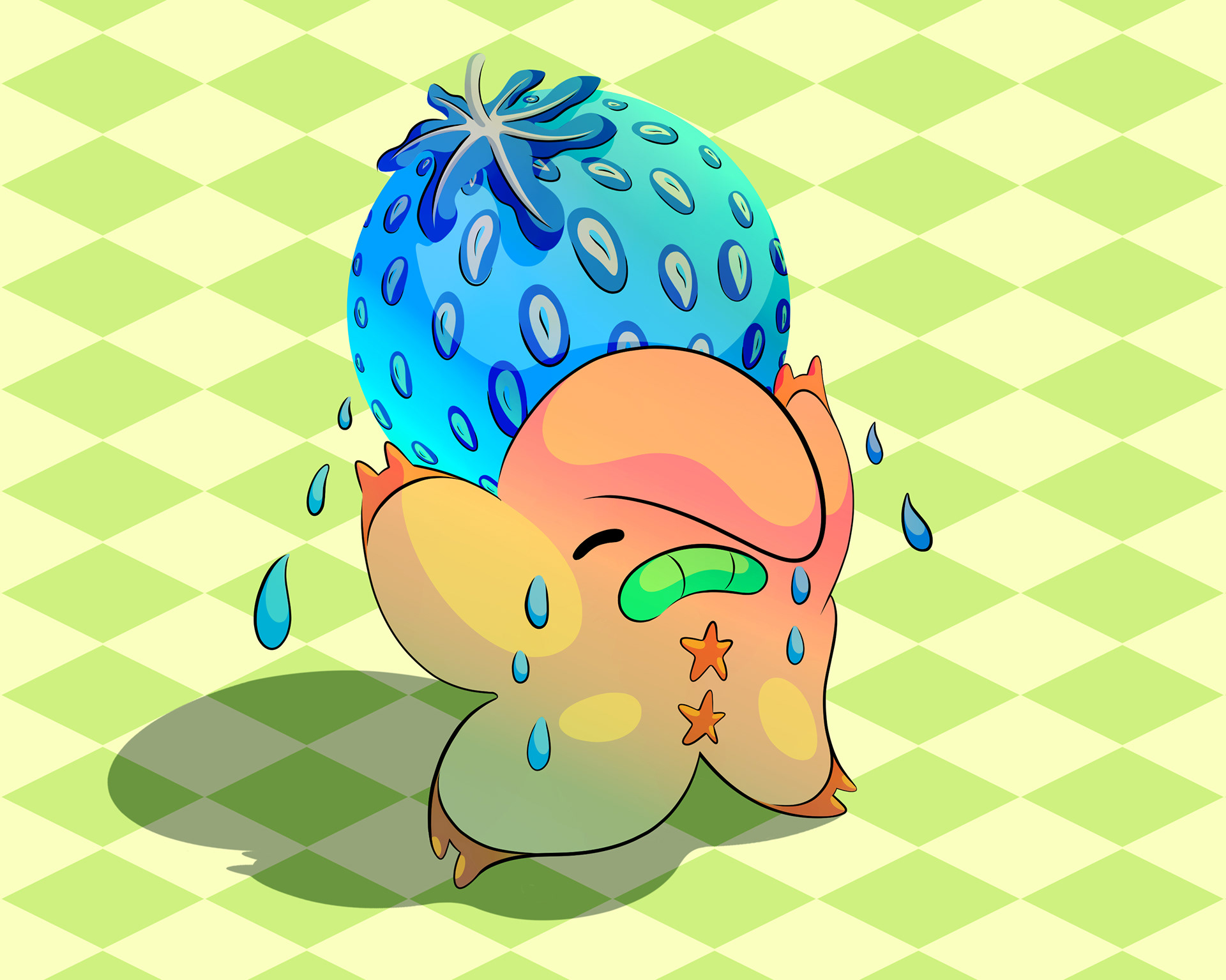 Illustration of a struggling starfish trying its best to hold up a heavy giant blue strawberry.