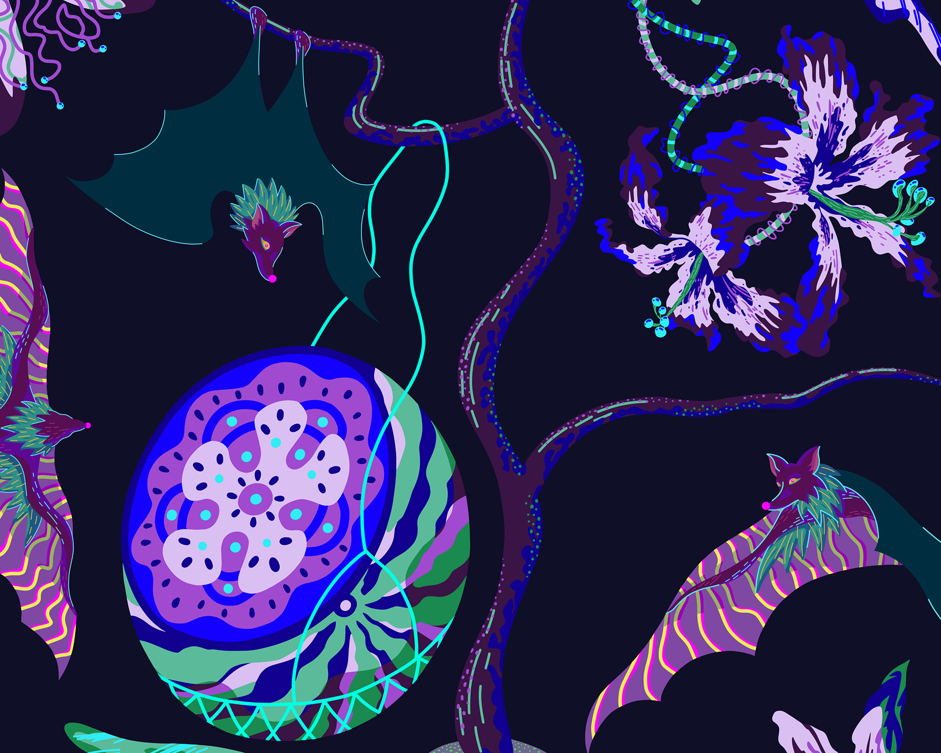 Illustration of neon bats swirling around a giant purple watermelon against a dark backdrop.