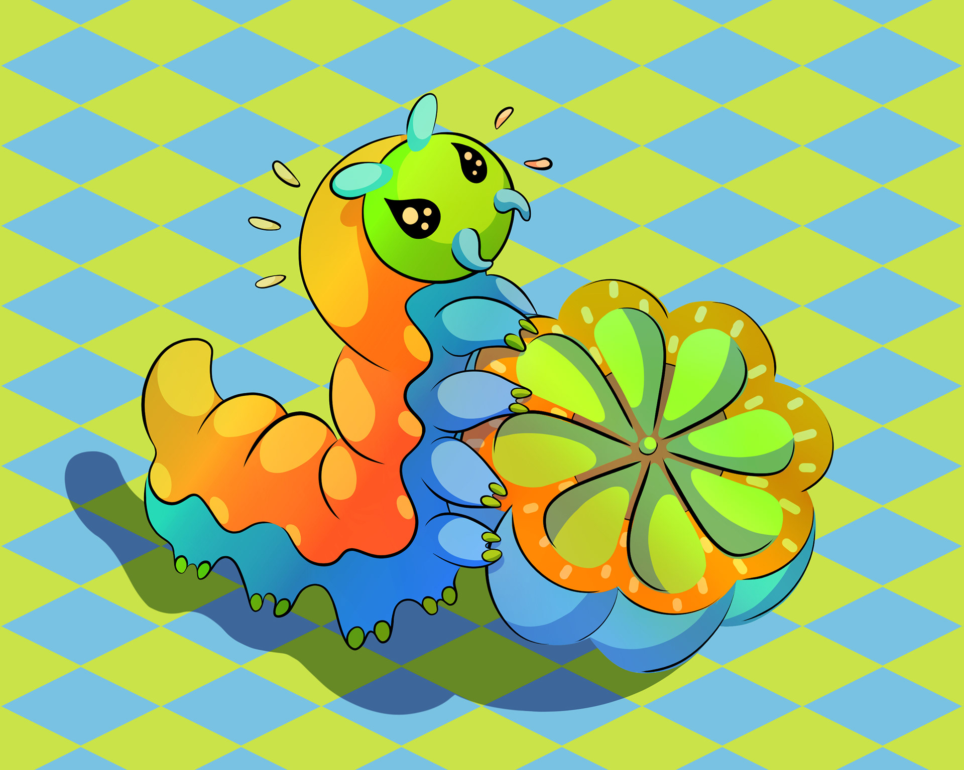 Illustration of a cute and stressed out caterpillar struggling to hold up a giant sliced fruit.