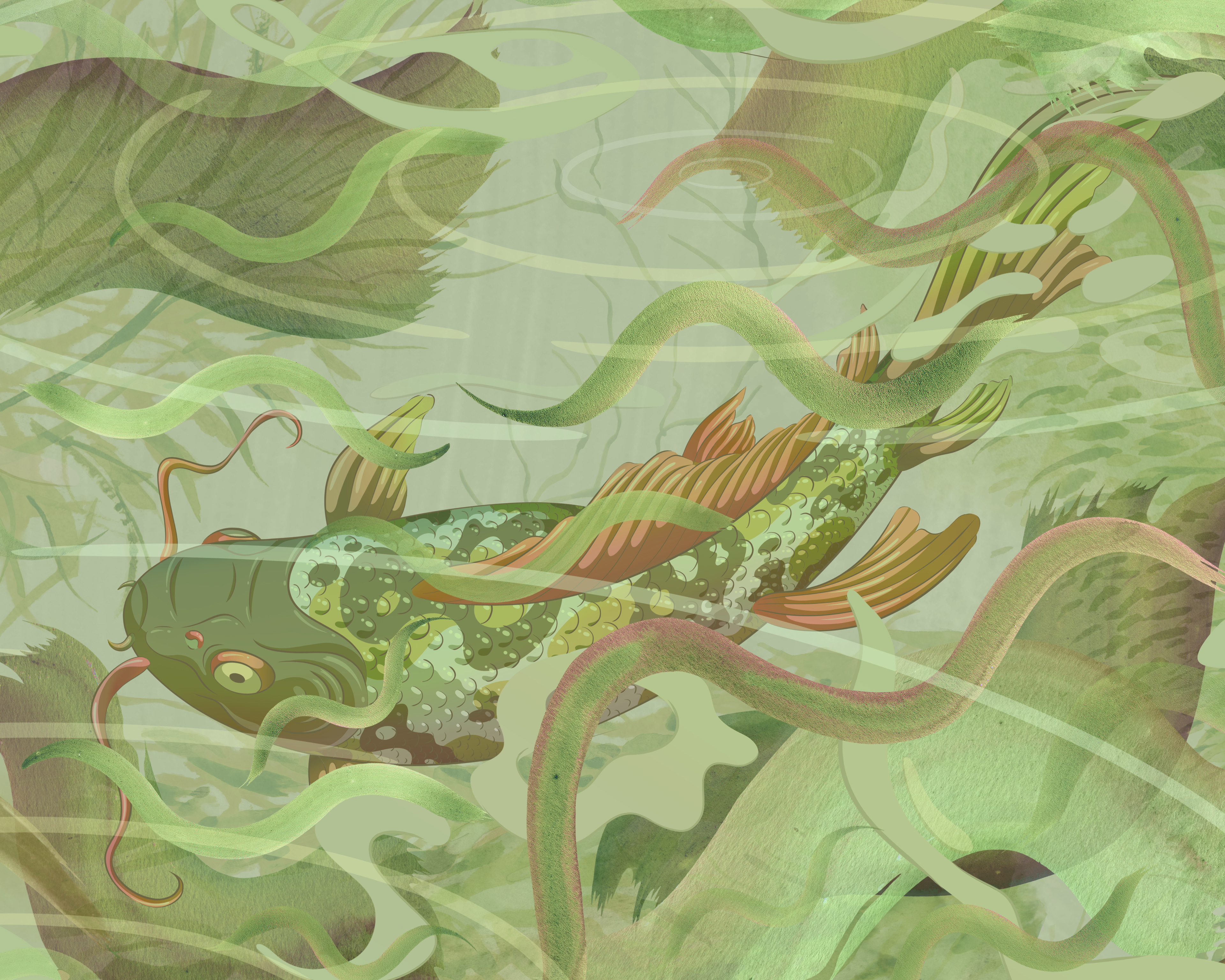 Mixed media pattern depicting a green koi swimming through abstract aquatic plant life.